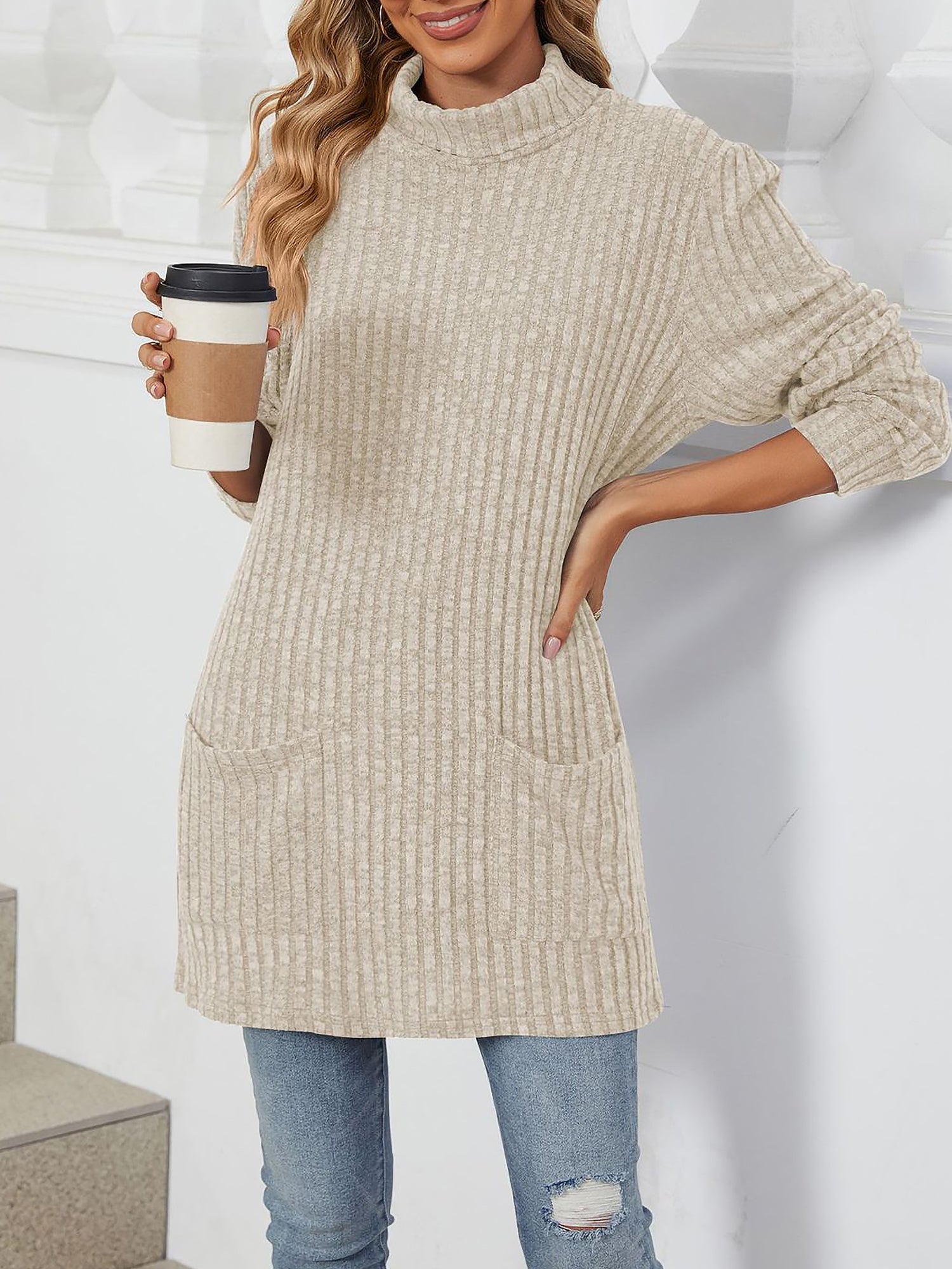 Solid Color Mock Neck Long Sleeve Tunic Blouse