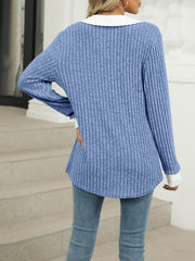 Colorblock Lapel Collar Long Sleeve Loose Blouse Top