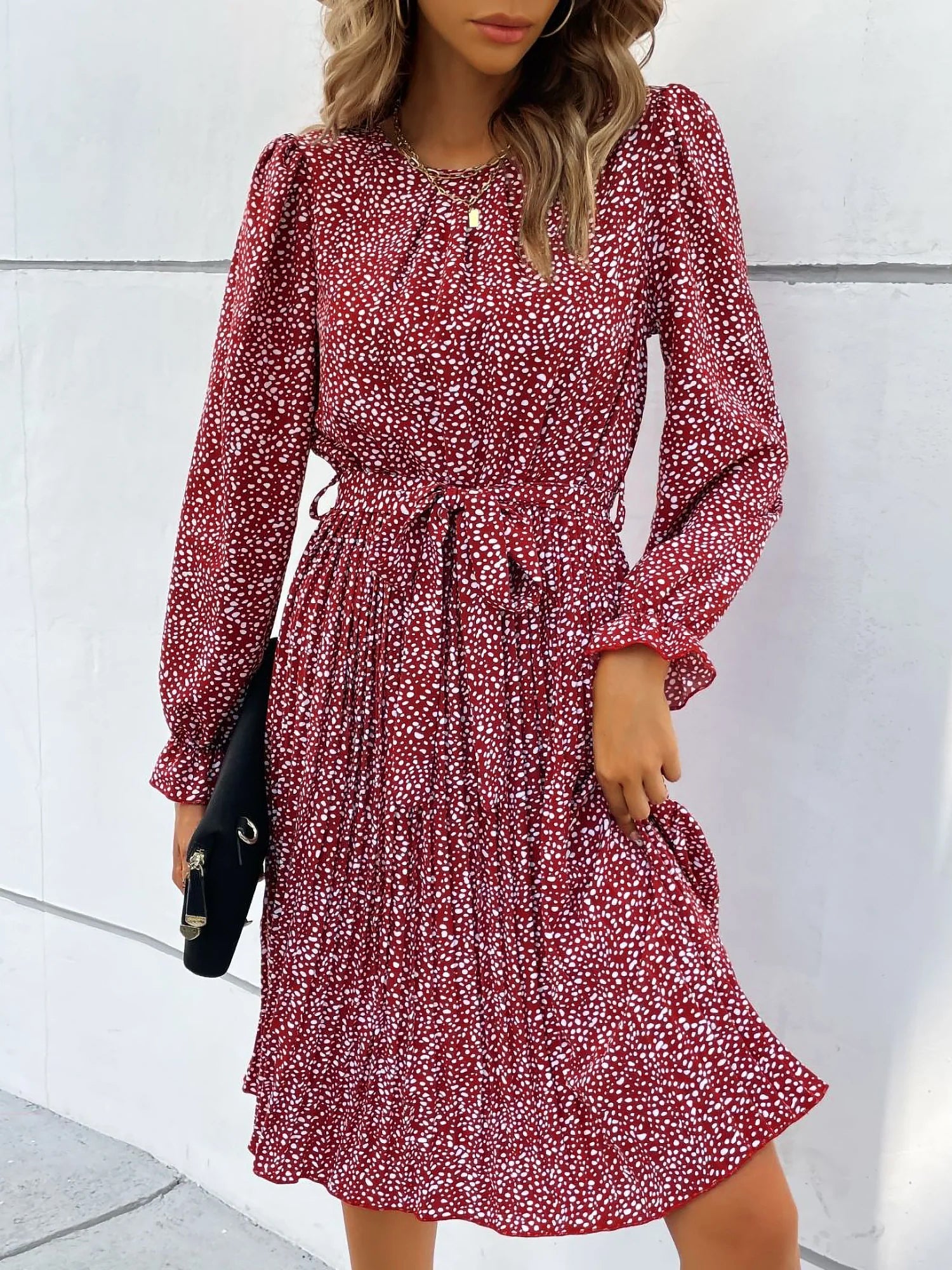 Round Neck Long Sleeve Lace-Up Leopard Pleated Midi Dress