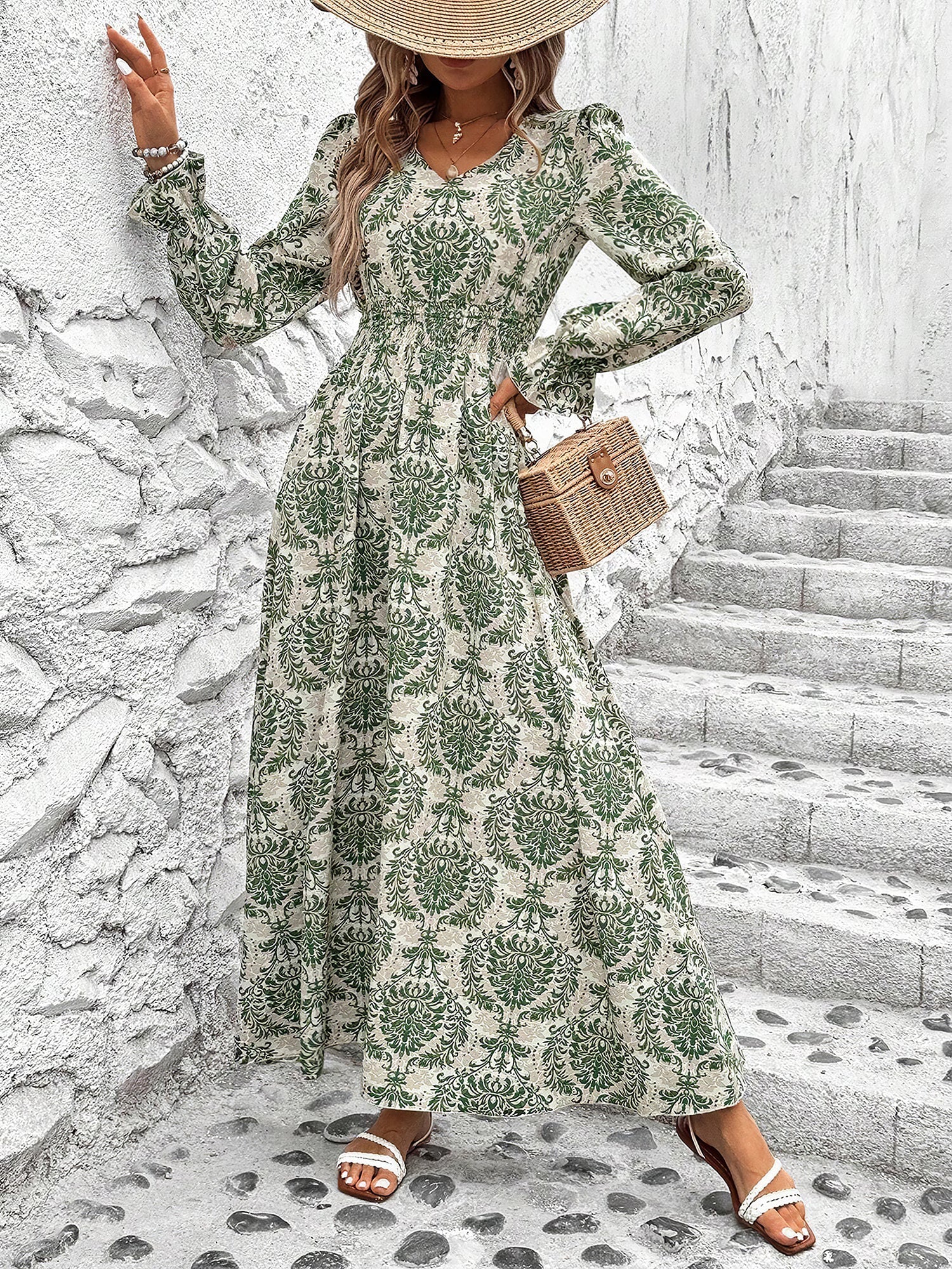 Boho-Chic Floral V Neck Long Sleeve Smocked Waist Swing Maxi Casual Dress