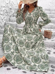 Boho-Chic Floral V Neck Long Sleeve Smocked Waist Swing Maxi Casual Dress
