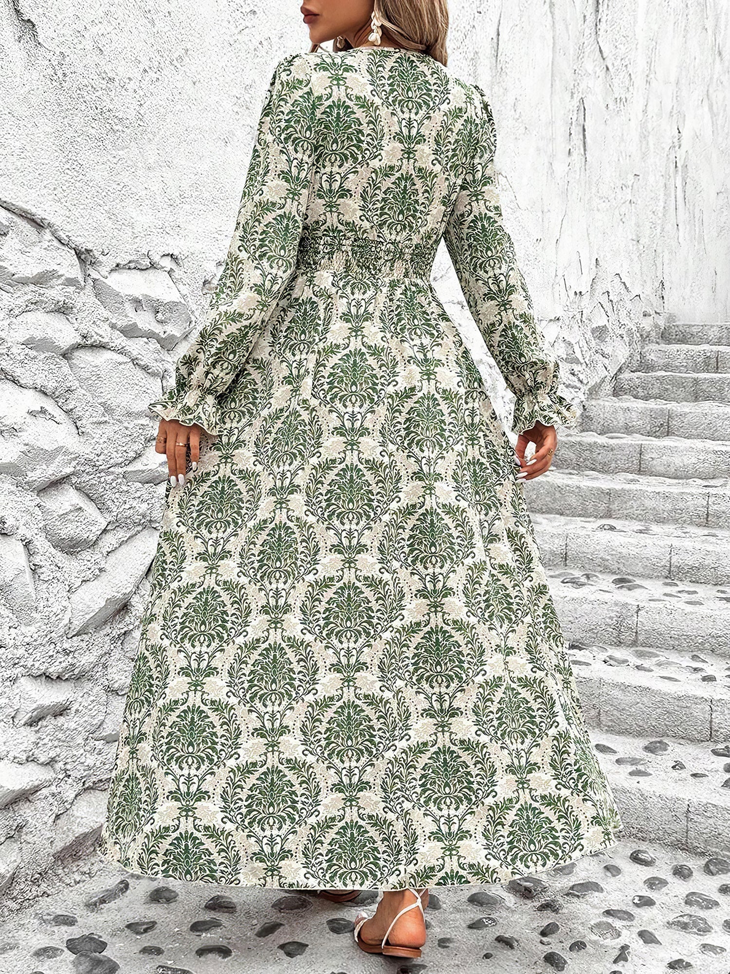 Boho-Chic Floral V Neck Long Sleeve Smocked Waist Swing Maxi Casual Dress