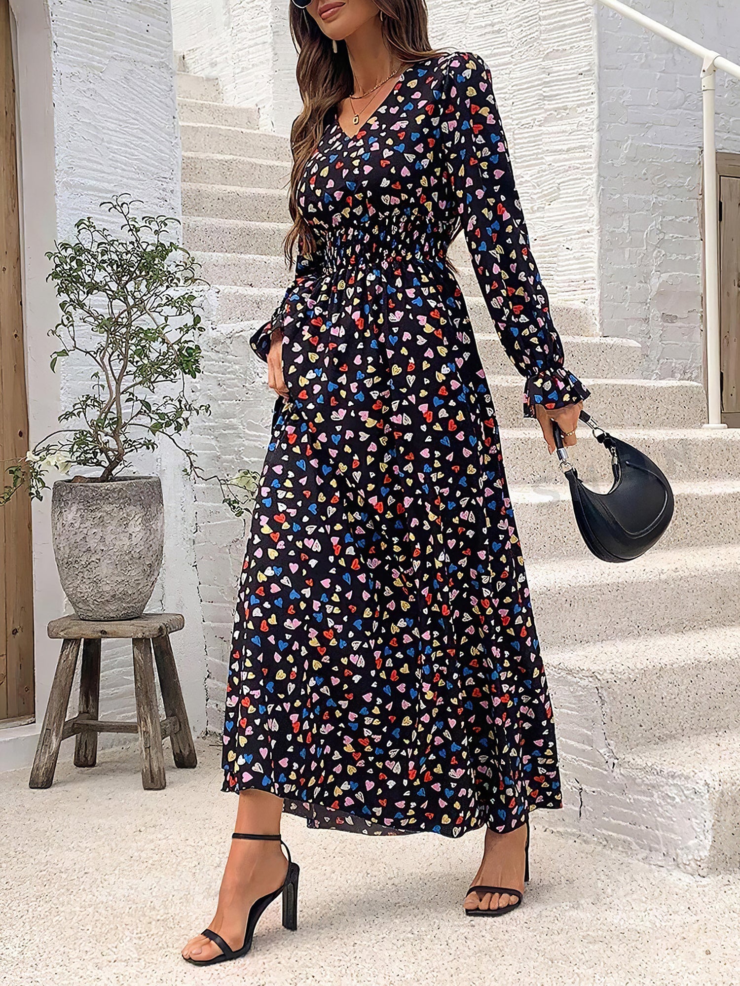 Boho-Chic Floral V Neck Long Sleeve Smocked Waist Swing Maxi Casual Dress