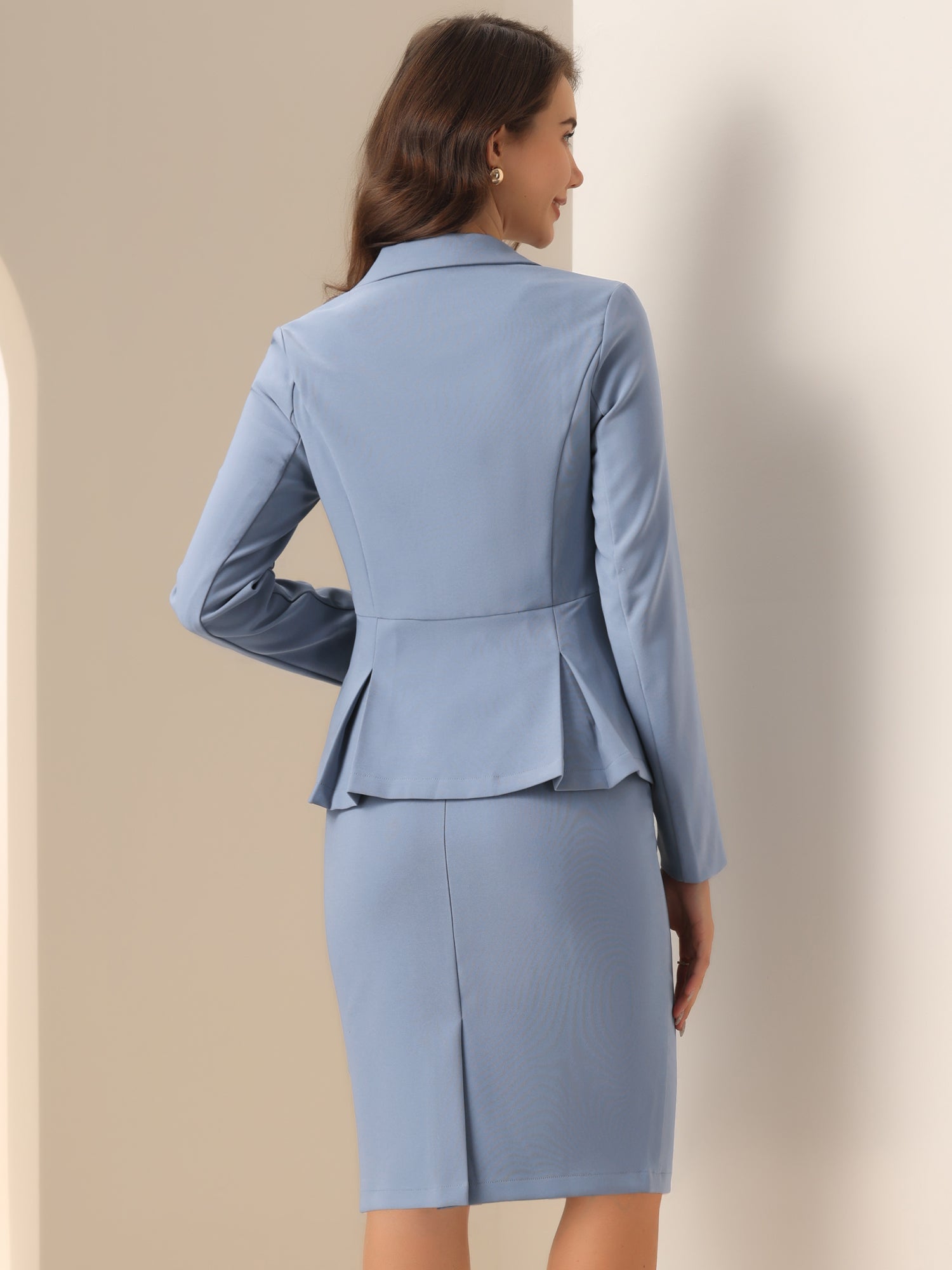 2 Piece Long Sleeve Notched Lapel Peplum Blazer Pencil Skirt Suit Set