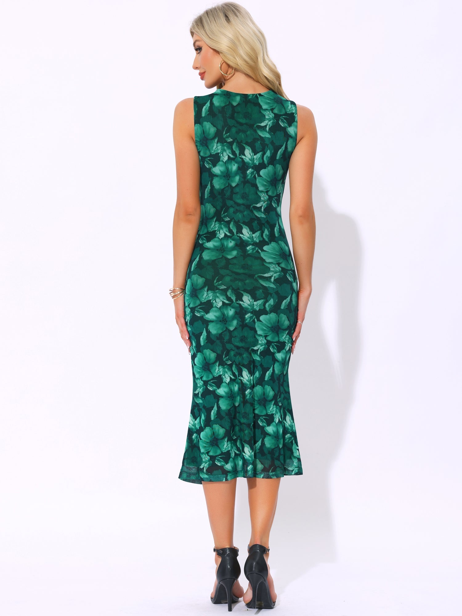 Mesh Floral Sleeveless Bodycon Cocktail Midi Dress
