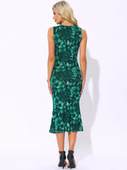 Mesh Floral Sleeveless Bodycon Cocktail Midi Dress