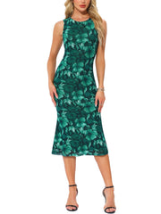 Mesh Floral Sleeveless Bodycon Cocktail Midi Dress