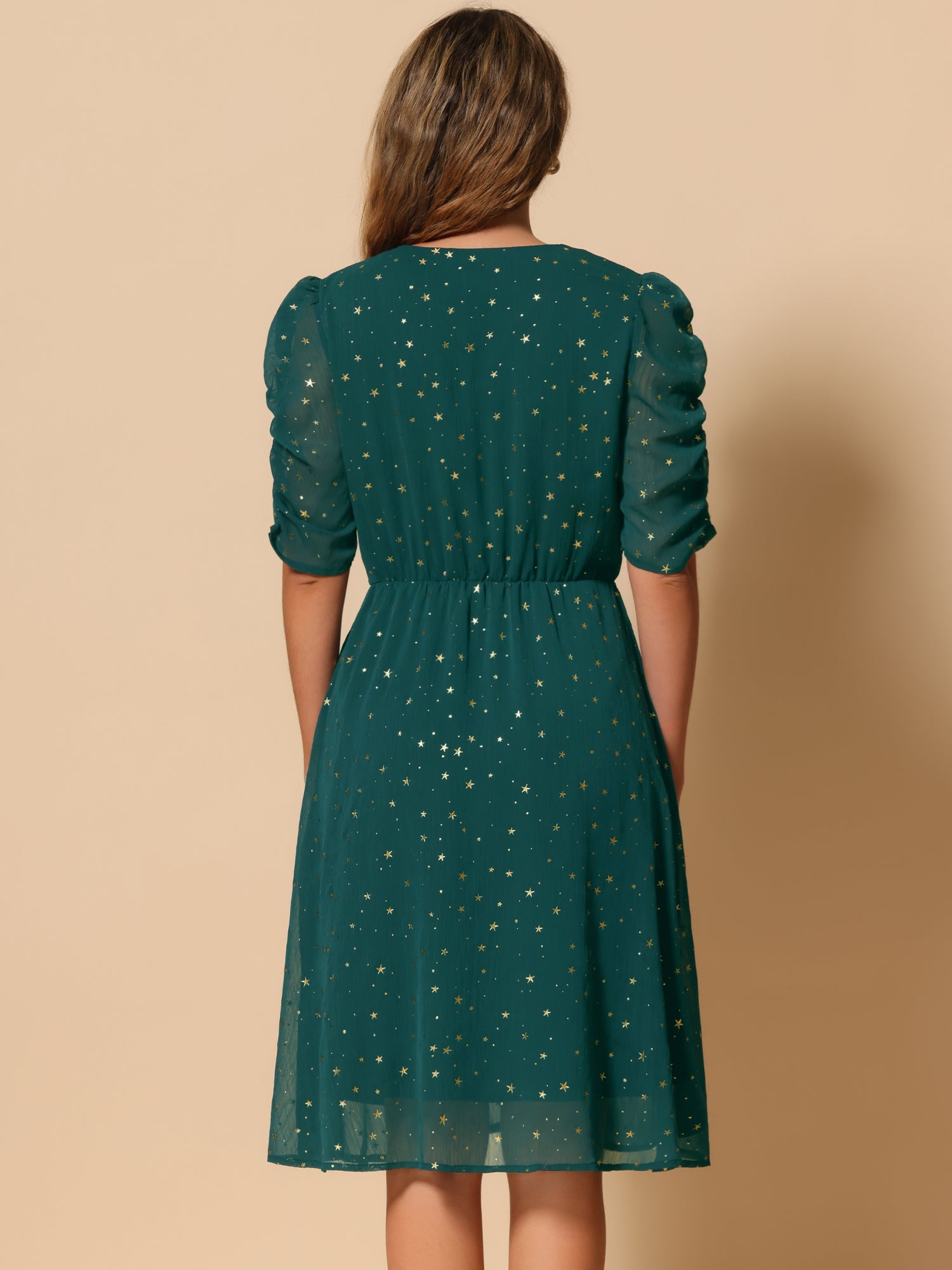 Metallic Stars Ruched Sleeve V Neck A-line Chiffon Dress