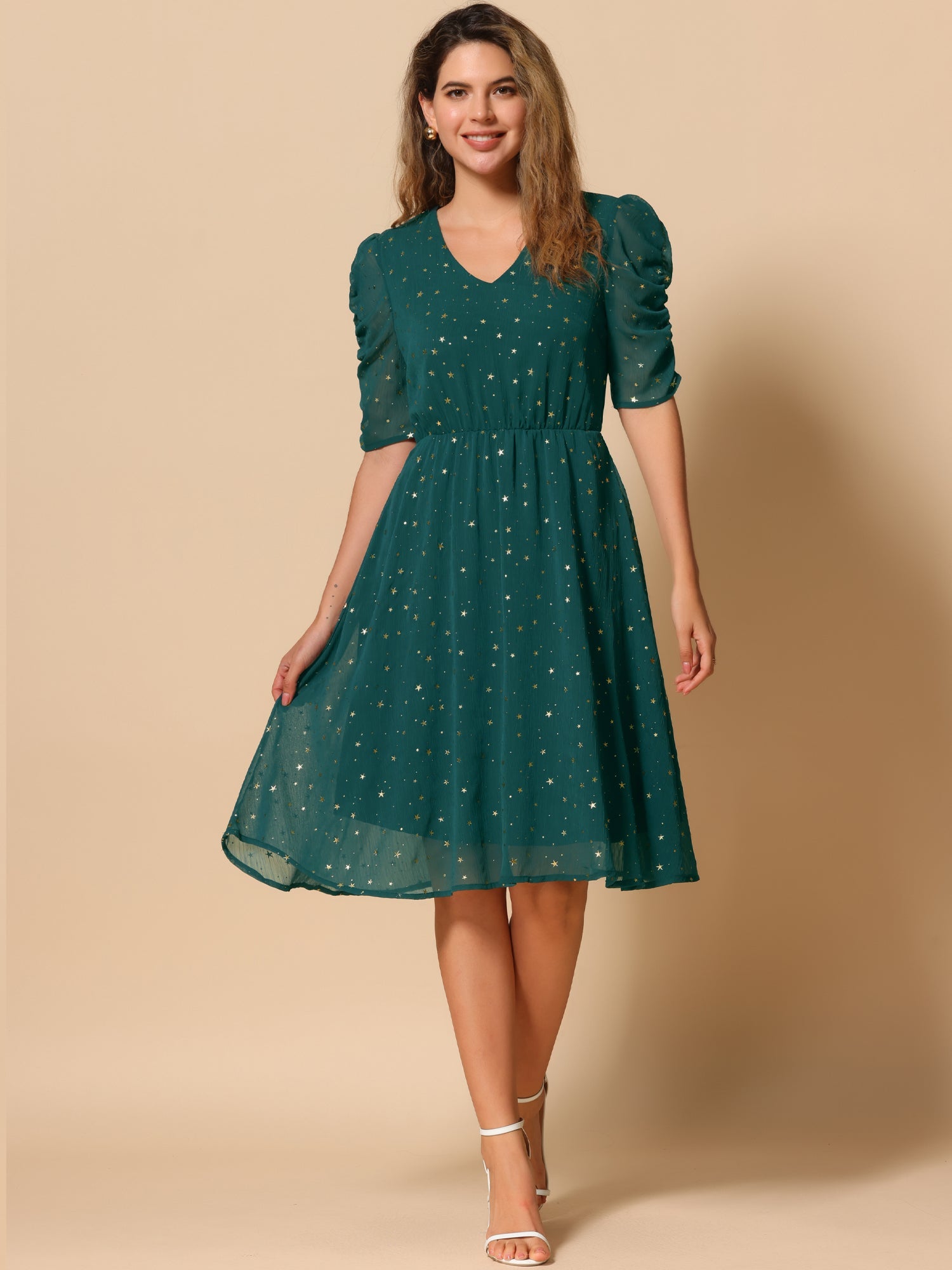 Metallic Stars Ruched Sleeve V Neck A-line Chiffon Dress
