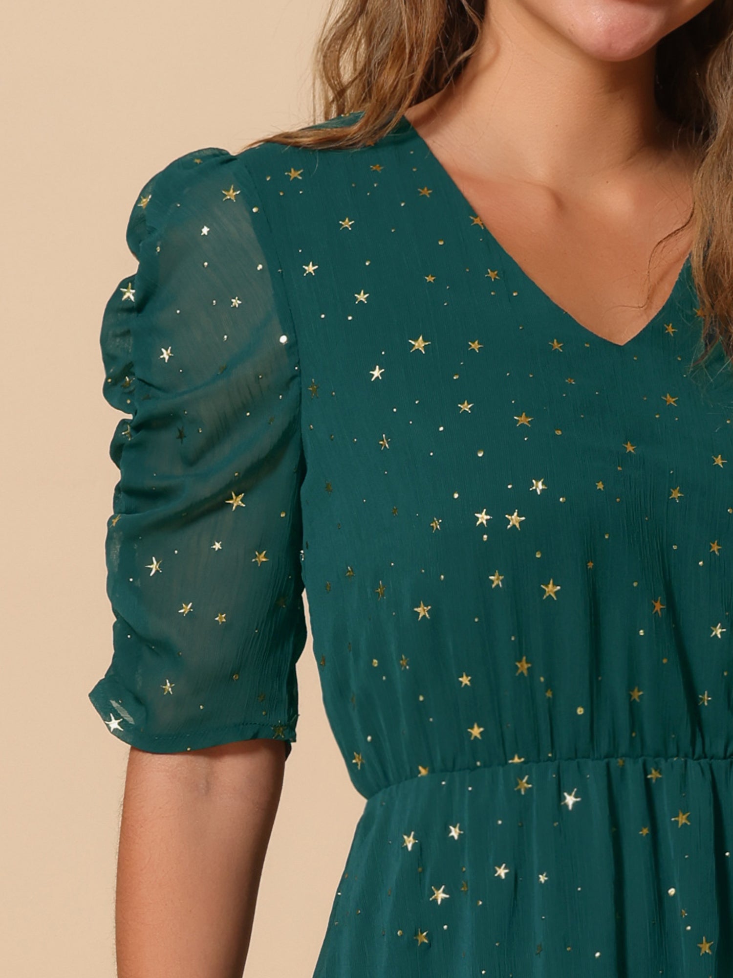 Metallic Stars Ruched Sleeve V Neck A-line Chiffon Dress
