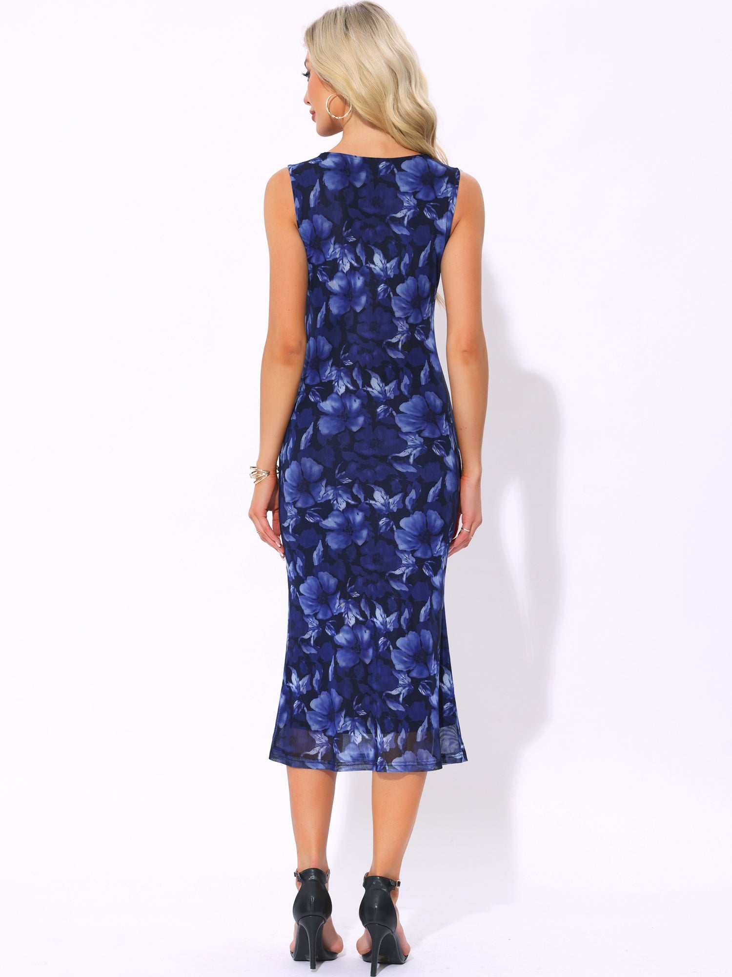 Mesh Floral Sleeveless Bodycon Cocktail Midi Dress