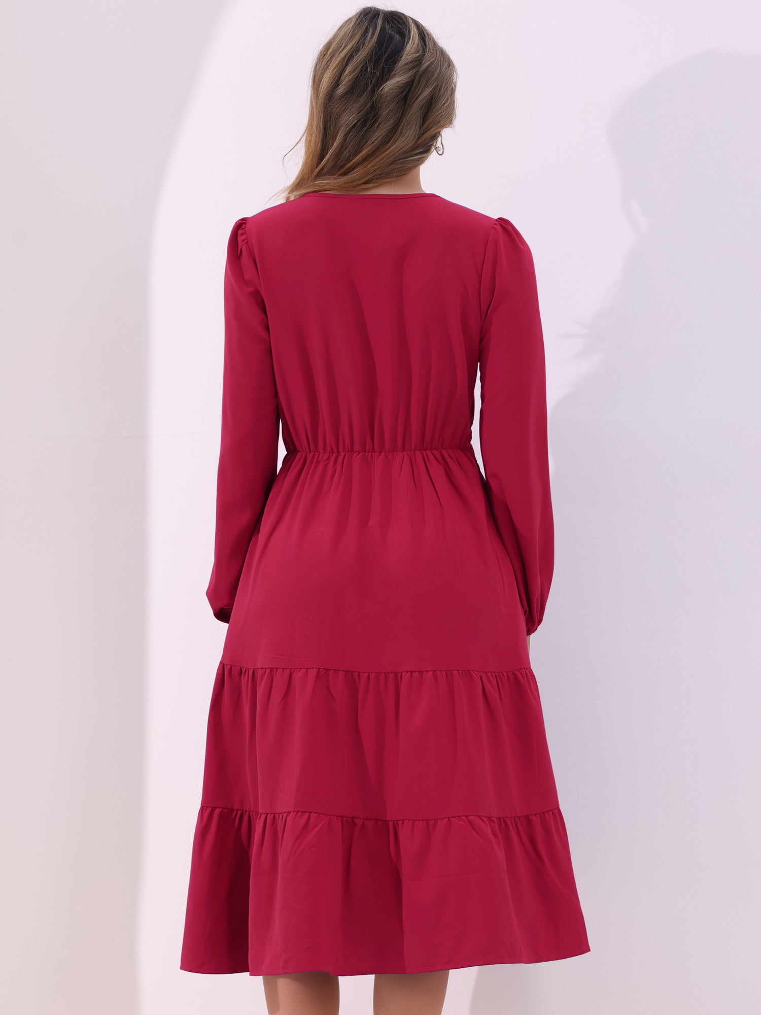 Lantern Sleeve Pocketed Ruffled Tiered A-Line Midi Dress
