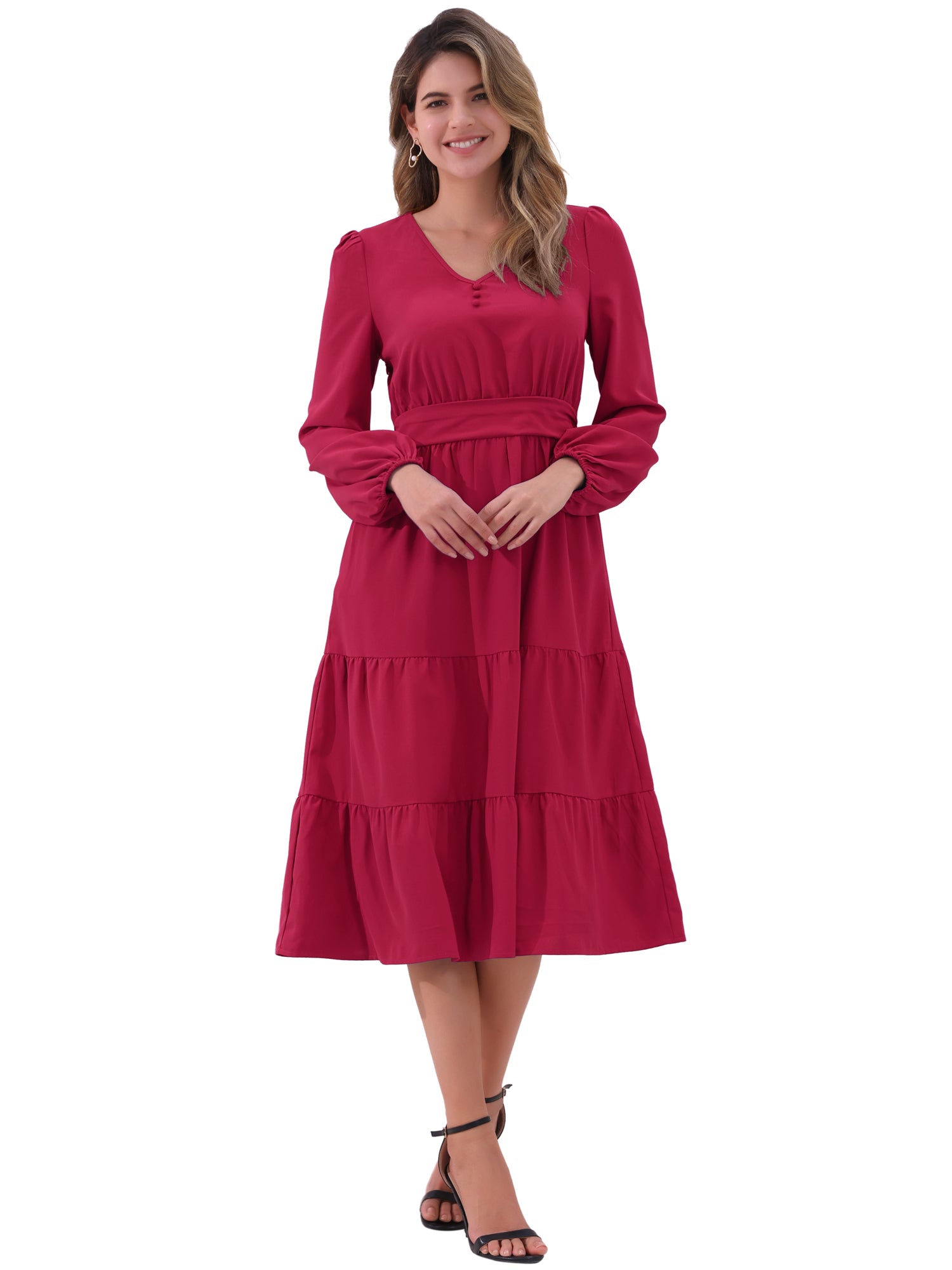 Lantern Sleeve Pocketed Ruffled Tiered A-Line Midi Dress
