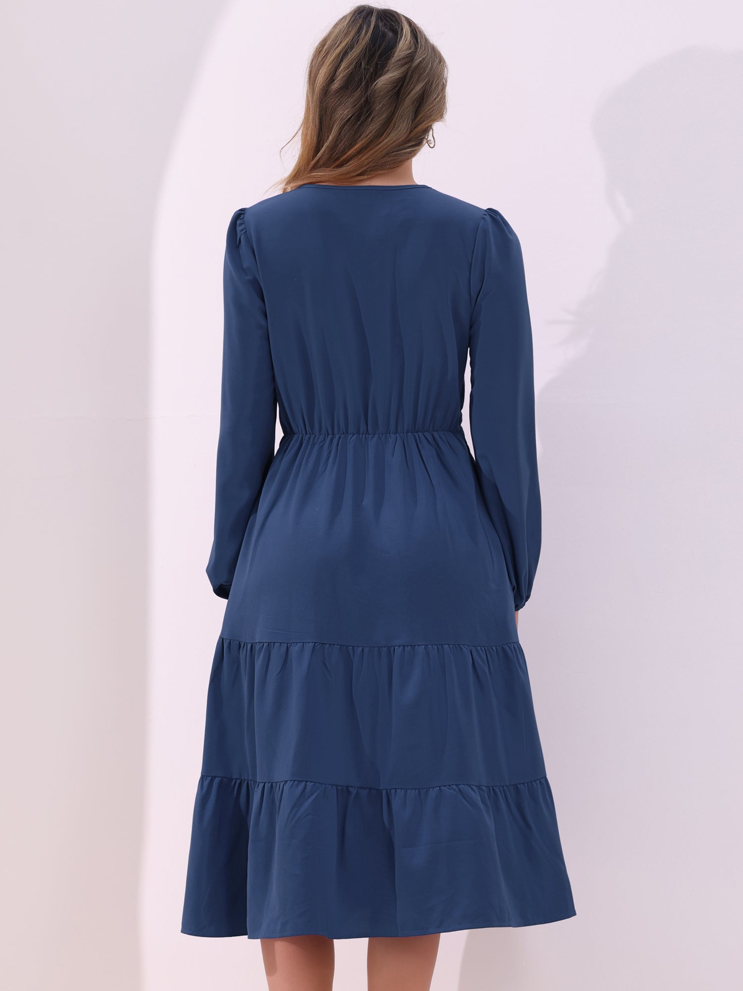 Lantern Sleeve Pocketed Ruffled Tiered A-Line Midi Dress