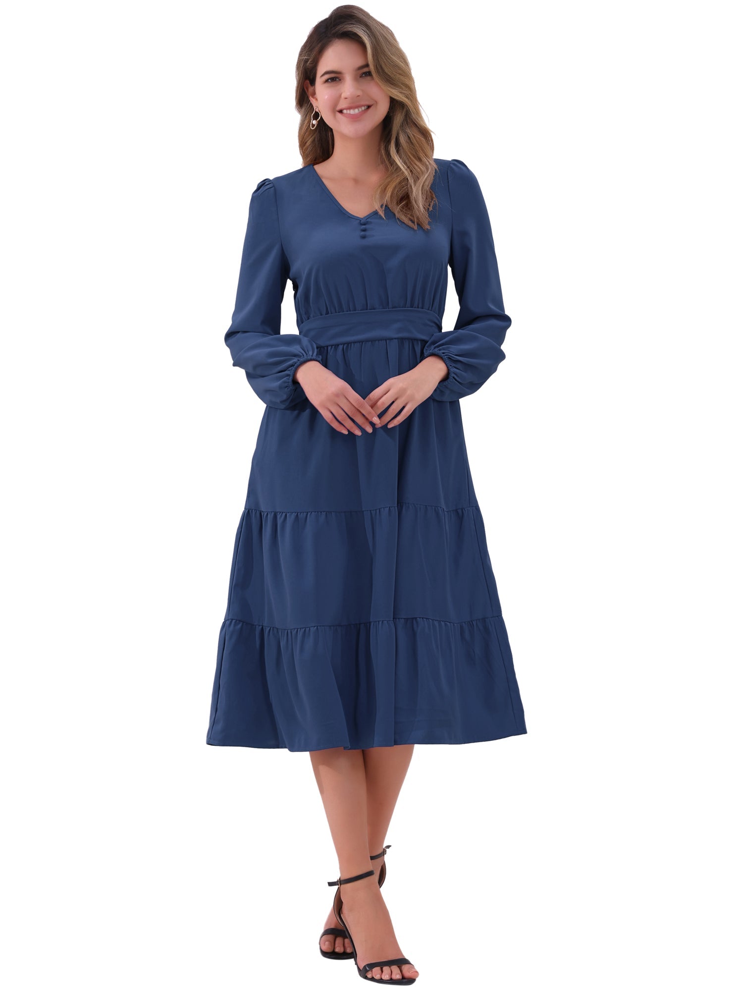 Lantern Sleeve Pocketed Ruffled Tiered A-Line Midi Dress