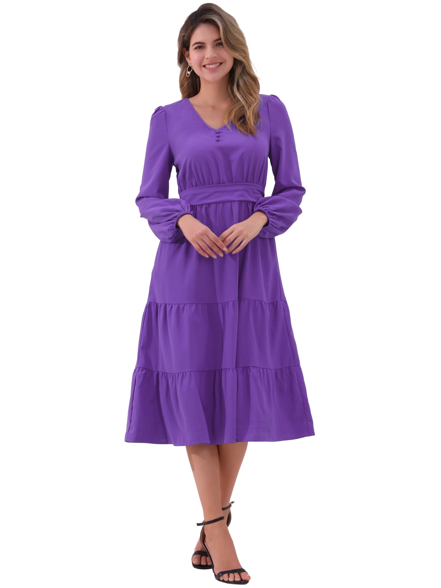 Lantern Sleeve Pocketed Ruffled Tiered A-Line Midi Dress