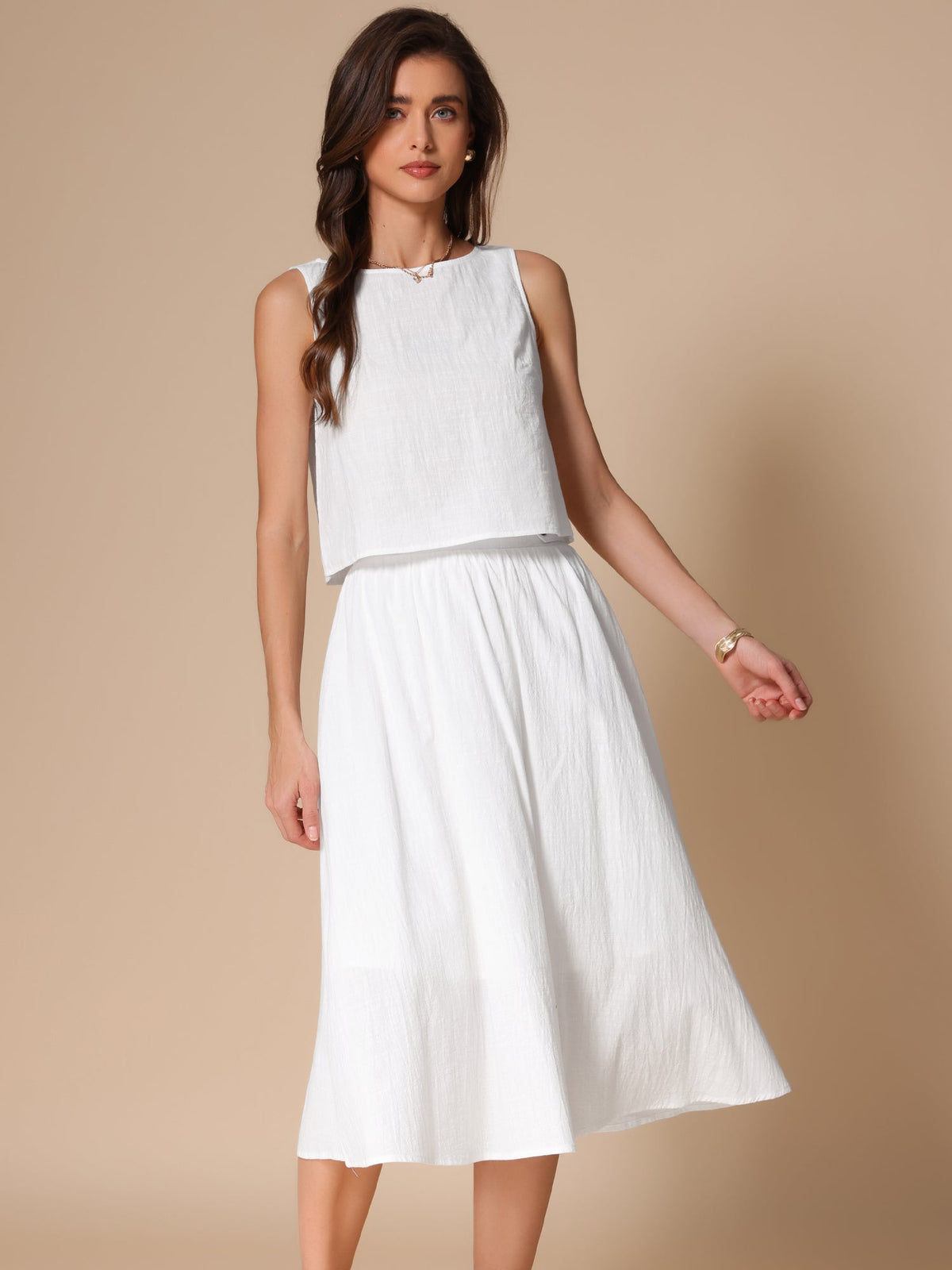 2 Pieces Cotton Sleeveless Cropped Top & Midi A-Line Skirt Set