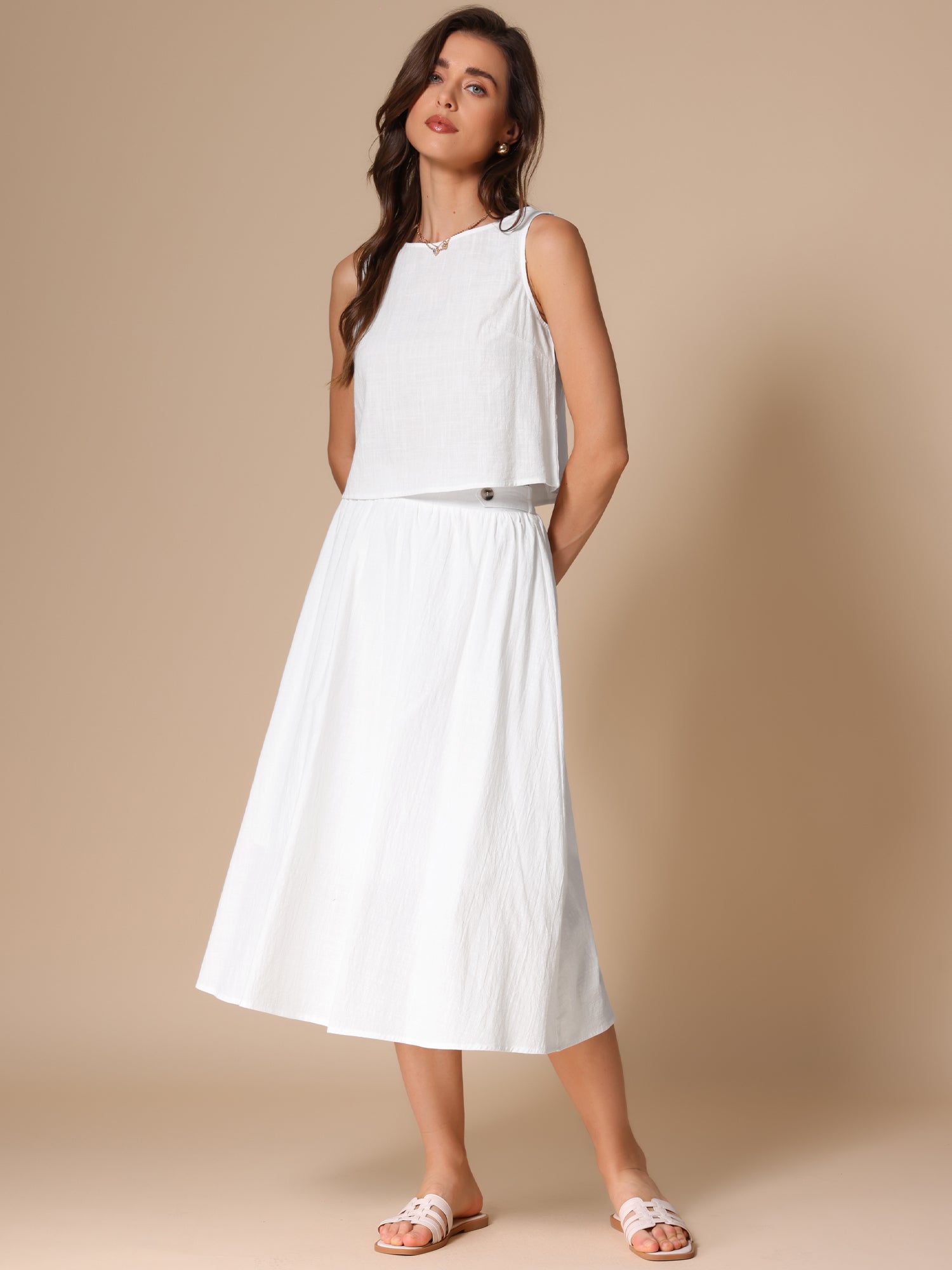 2 Pieces Cotton Sleeveless Cropped Top & Midi A-Line Skirt Set