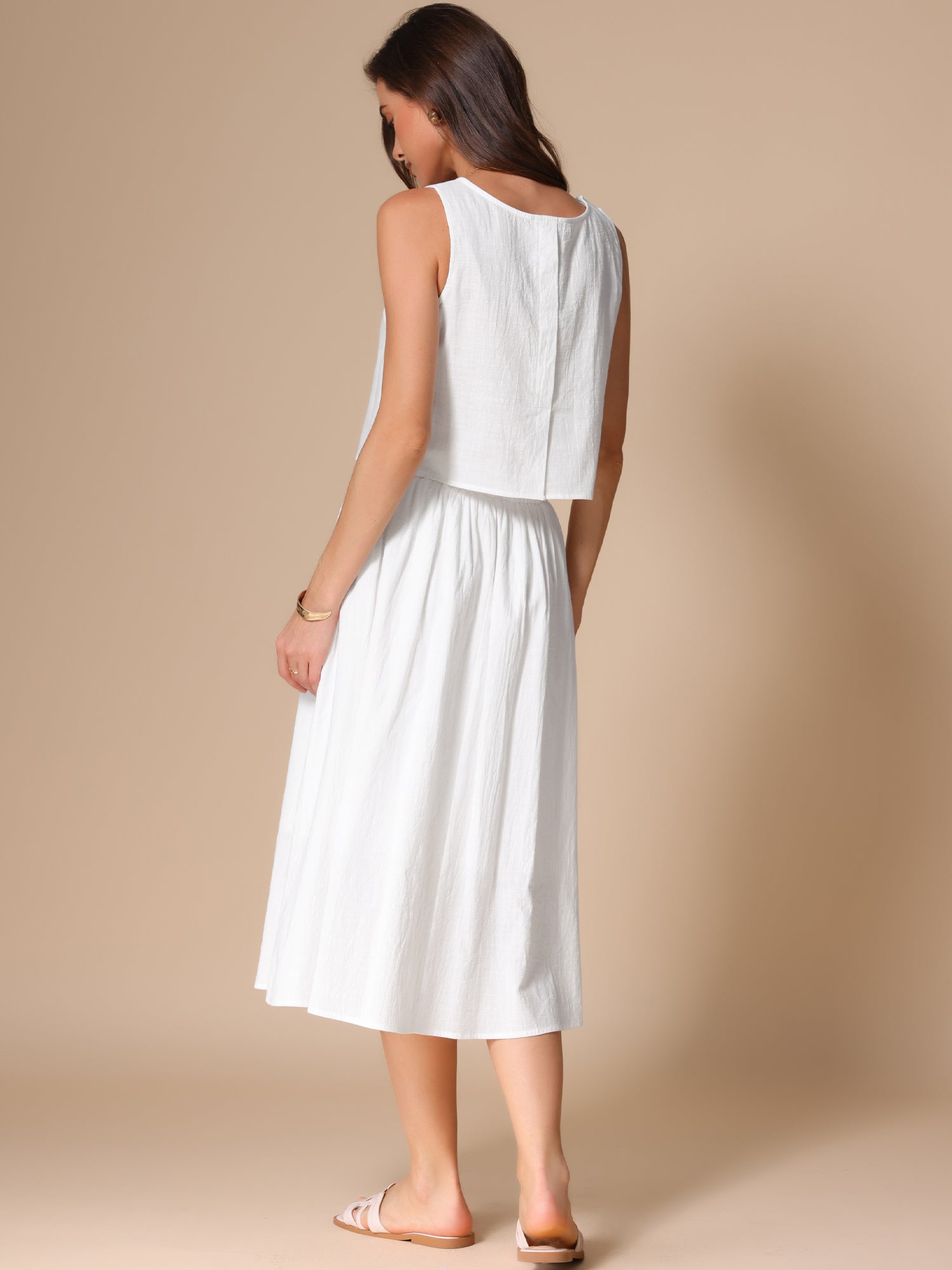 2 Pieces Cotton Sleeveless Cropped Top & Midi A-Line Skirt Set