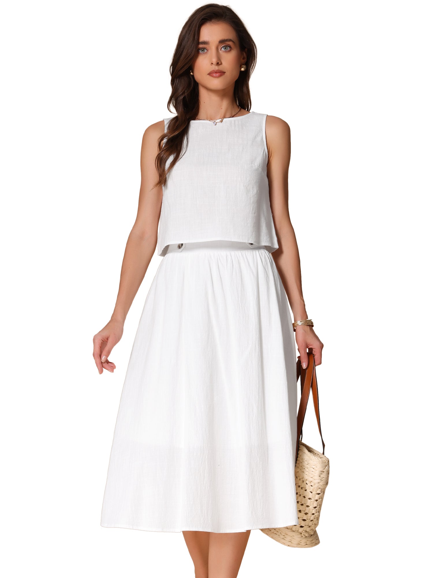 2 Pieces Cotton Sleeveless Cropped Top & Midi A-Line Skirt Set