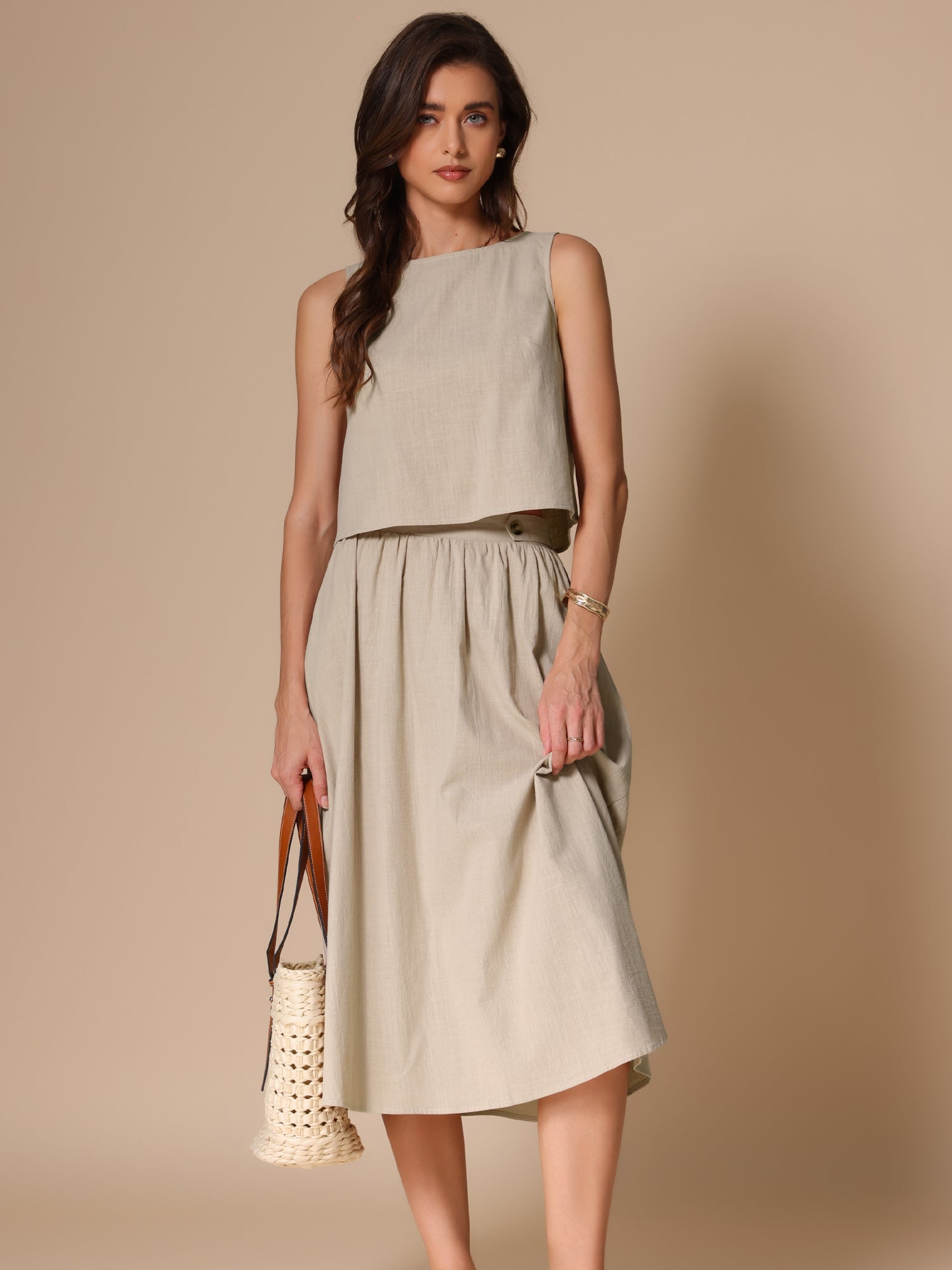 2 Pieces Cotton Sleeveless Cropped Top & Midi A-Line Skirt Set