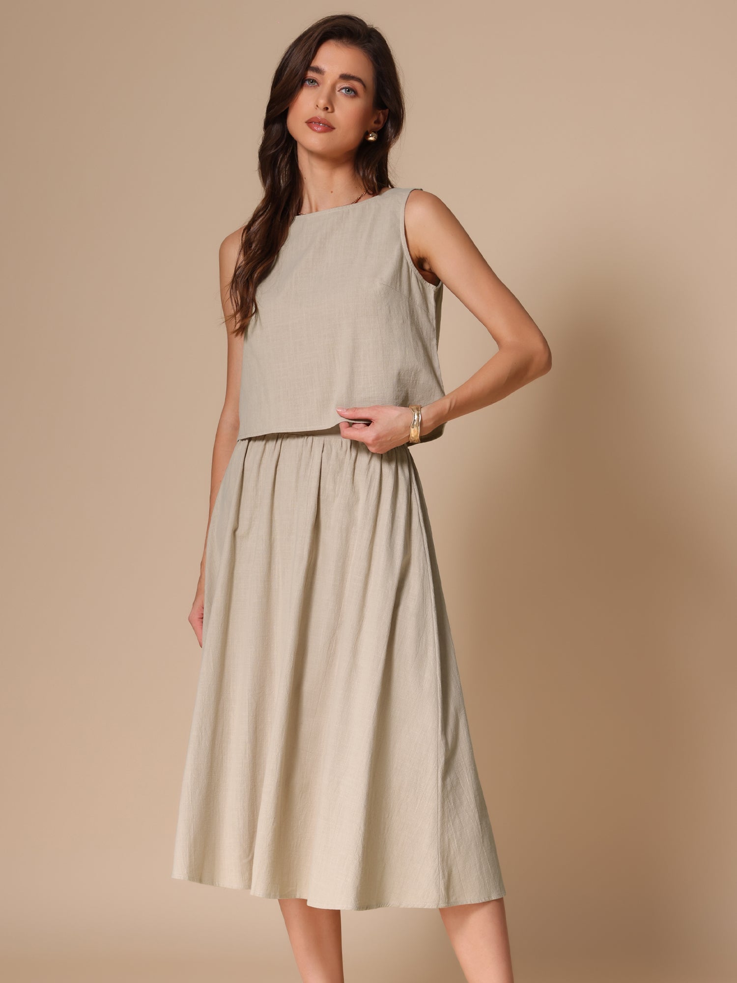 2 Pieces Cotton Sleeveless Cropped Top & Midi A-Line Skirt Set