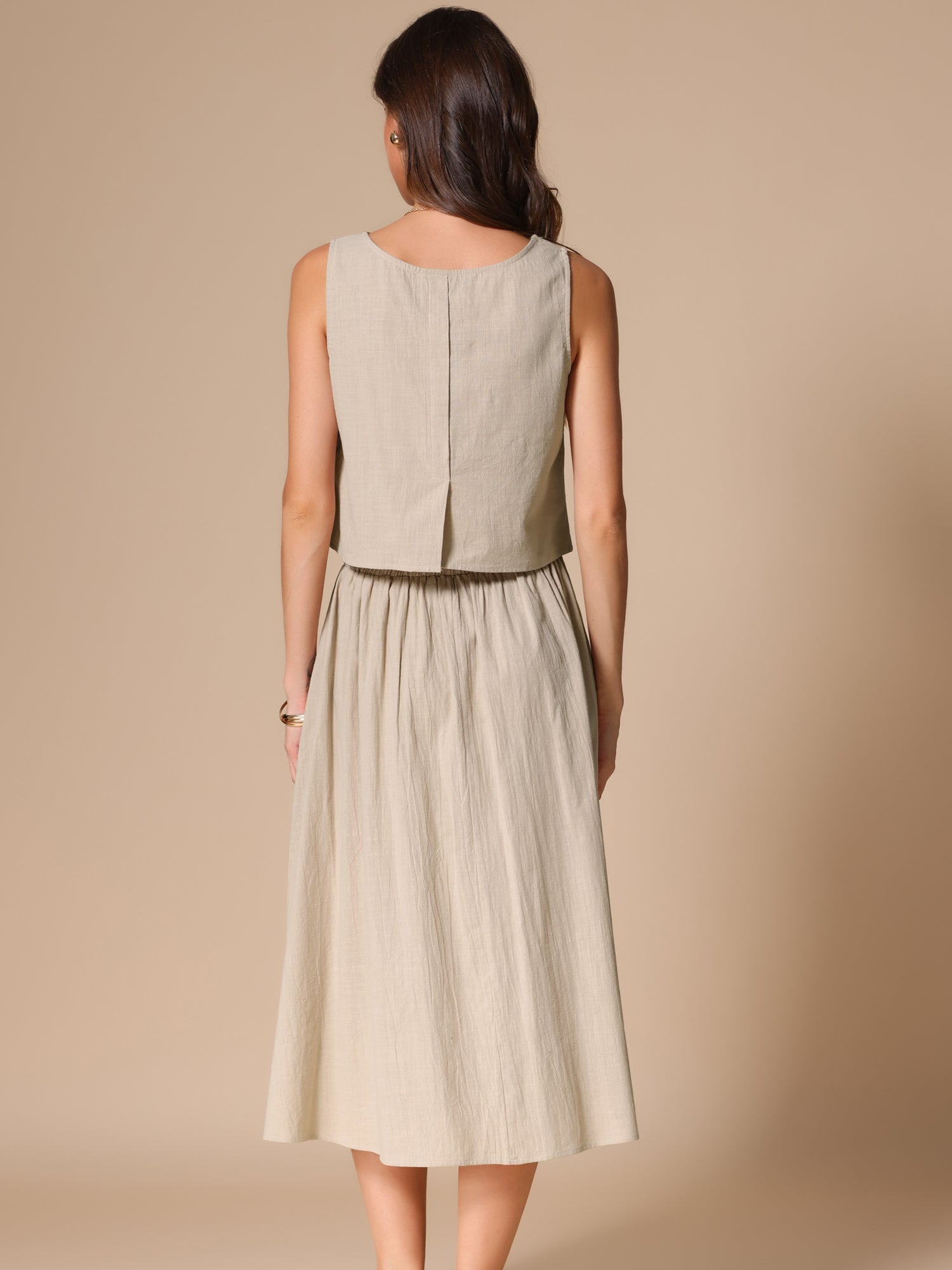 2 Pieces Cotton Sleeveless Cropped Top & Midi A-Line Skirt Set