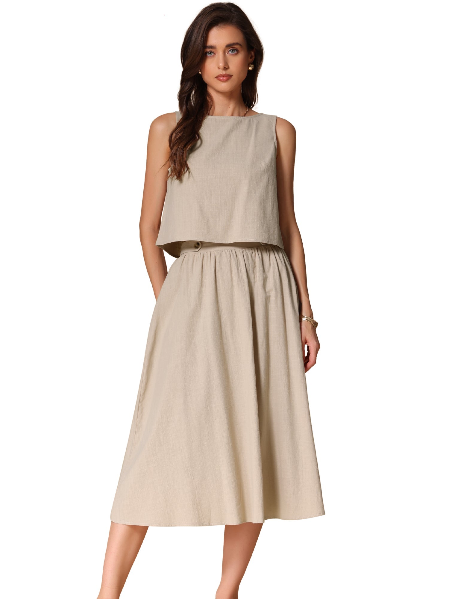 2 Pieces Cotton Sleeveless Cropped Top & Midi A-Line Skirt Set