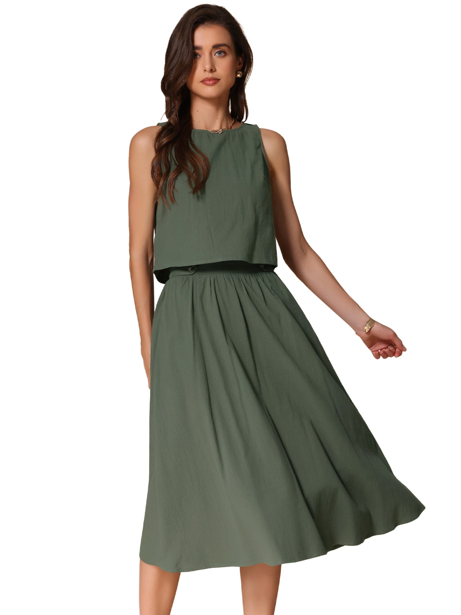2 Pieces Cotton Sleeveless Cropped Top & Midi A-Line Skirt Set