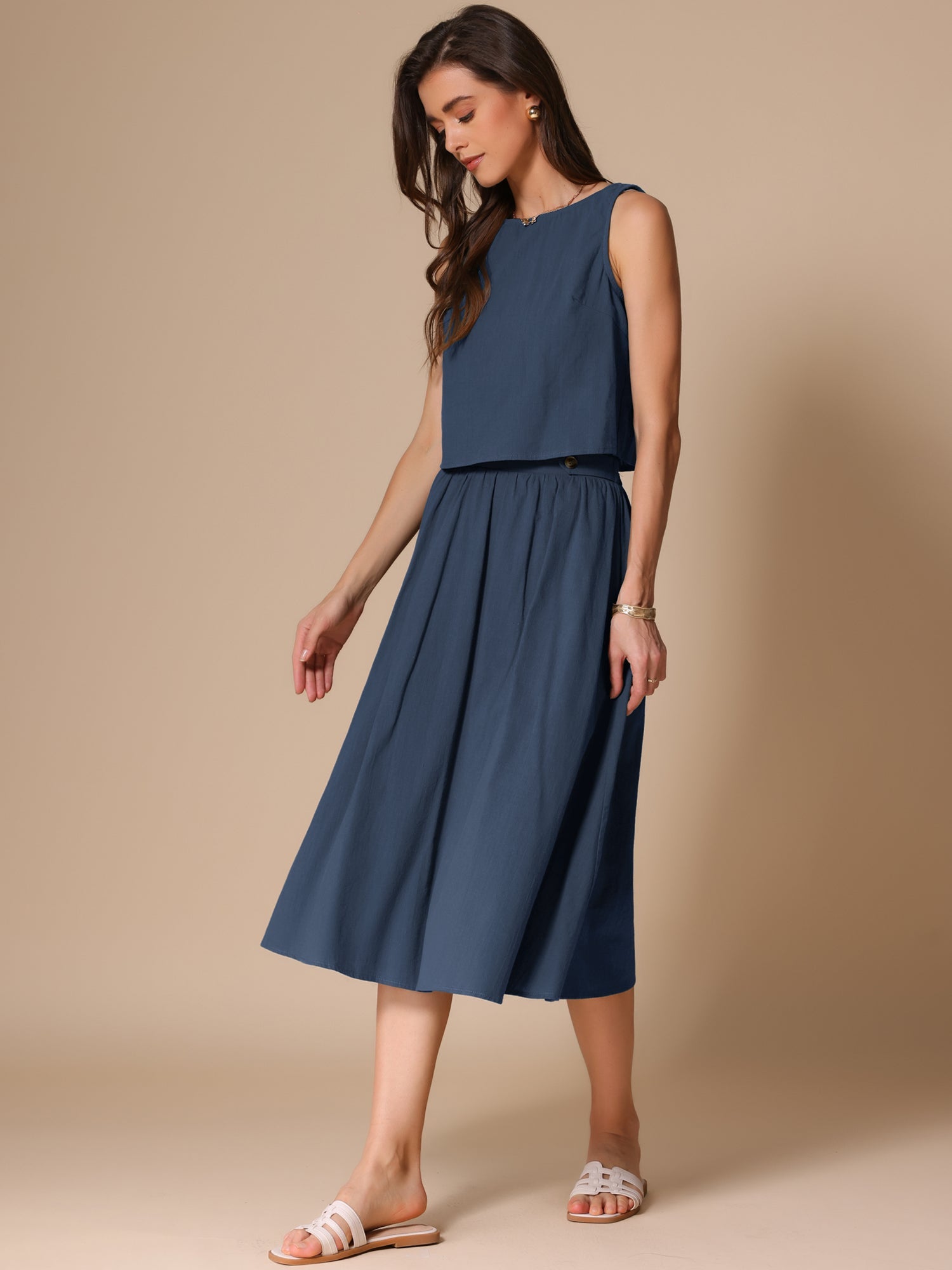 2 Pieces Cotton Sleeveless Cropped Top & Midi A-Line Skirt Set
