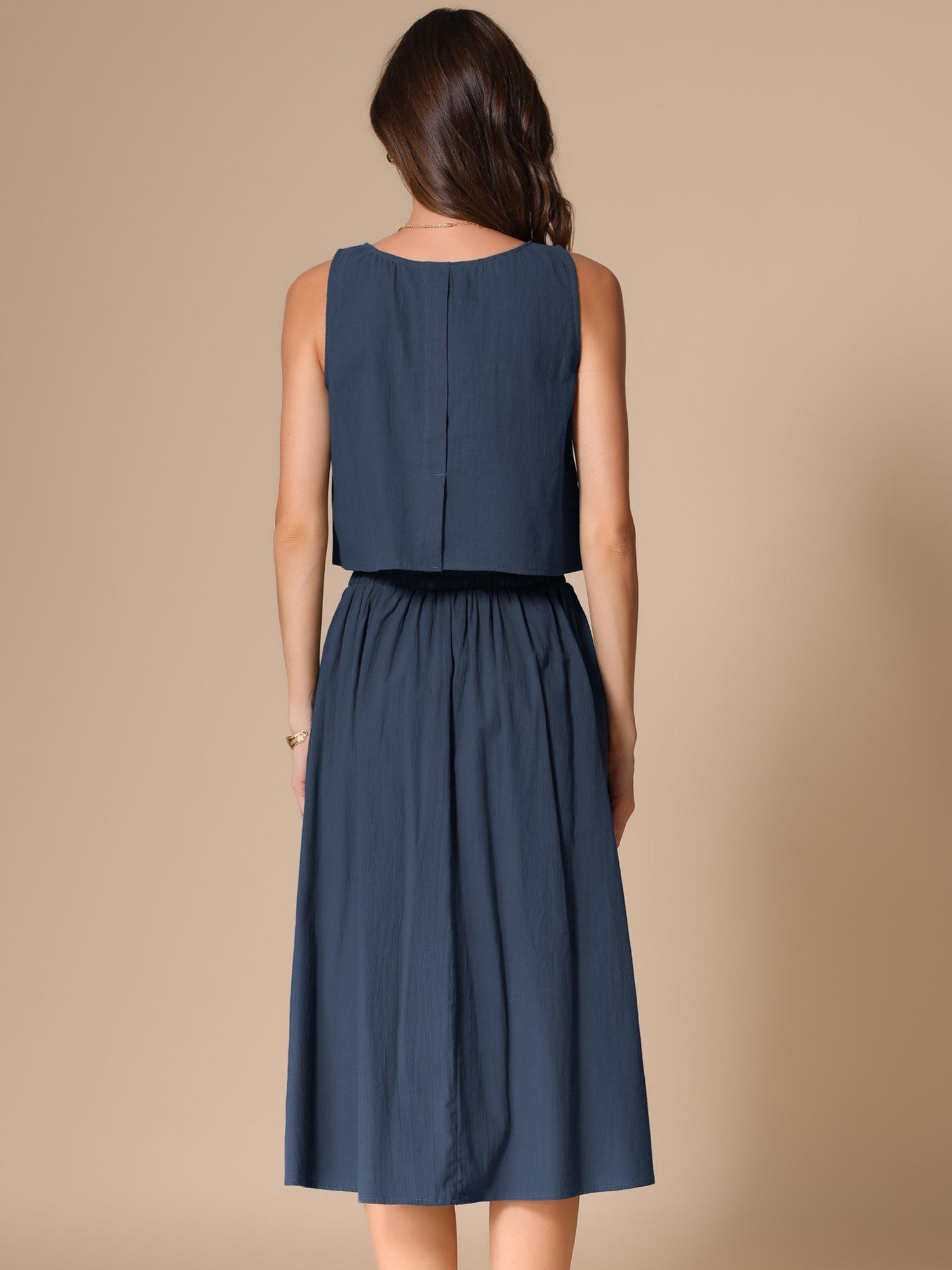 2 Pieces Cotton Sleeveless Cropped Top & Midi A-Line Skirt Set