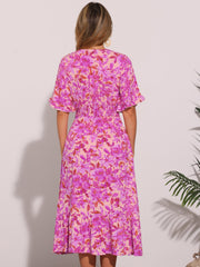 Floral Ruffled Hem Short Sleeve Smock Midi Dress