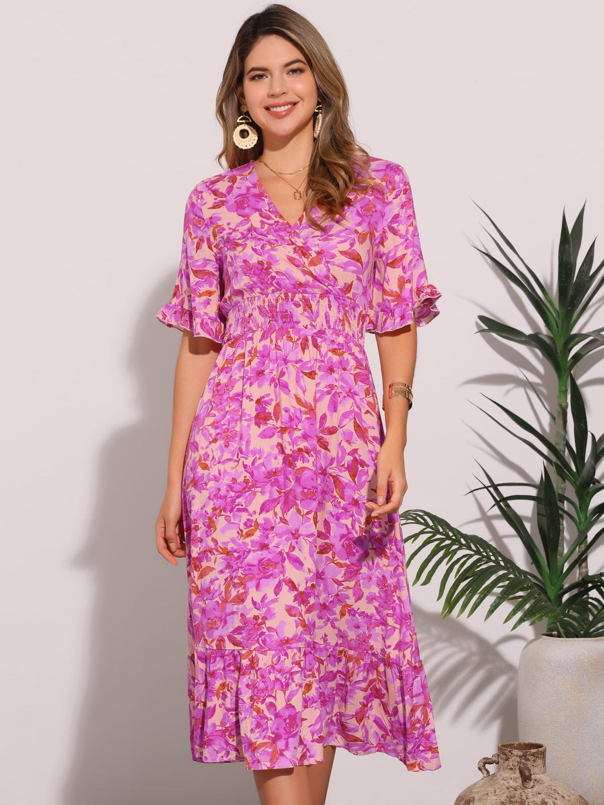 Floral Ruffled Hem Short Sleeve Smock Midi Dress