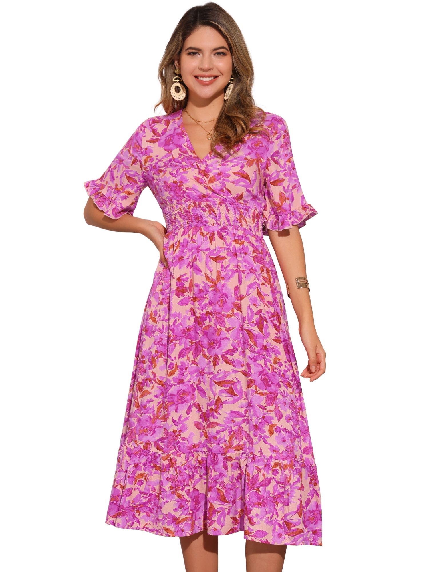 Floral Ruffled Hem Short Sleeve Smock Midi Dress