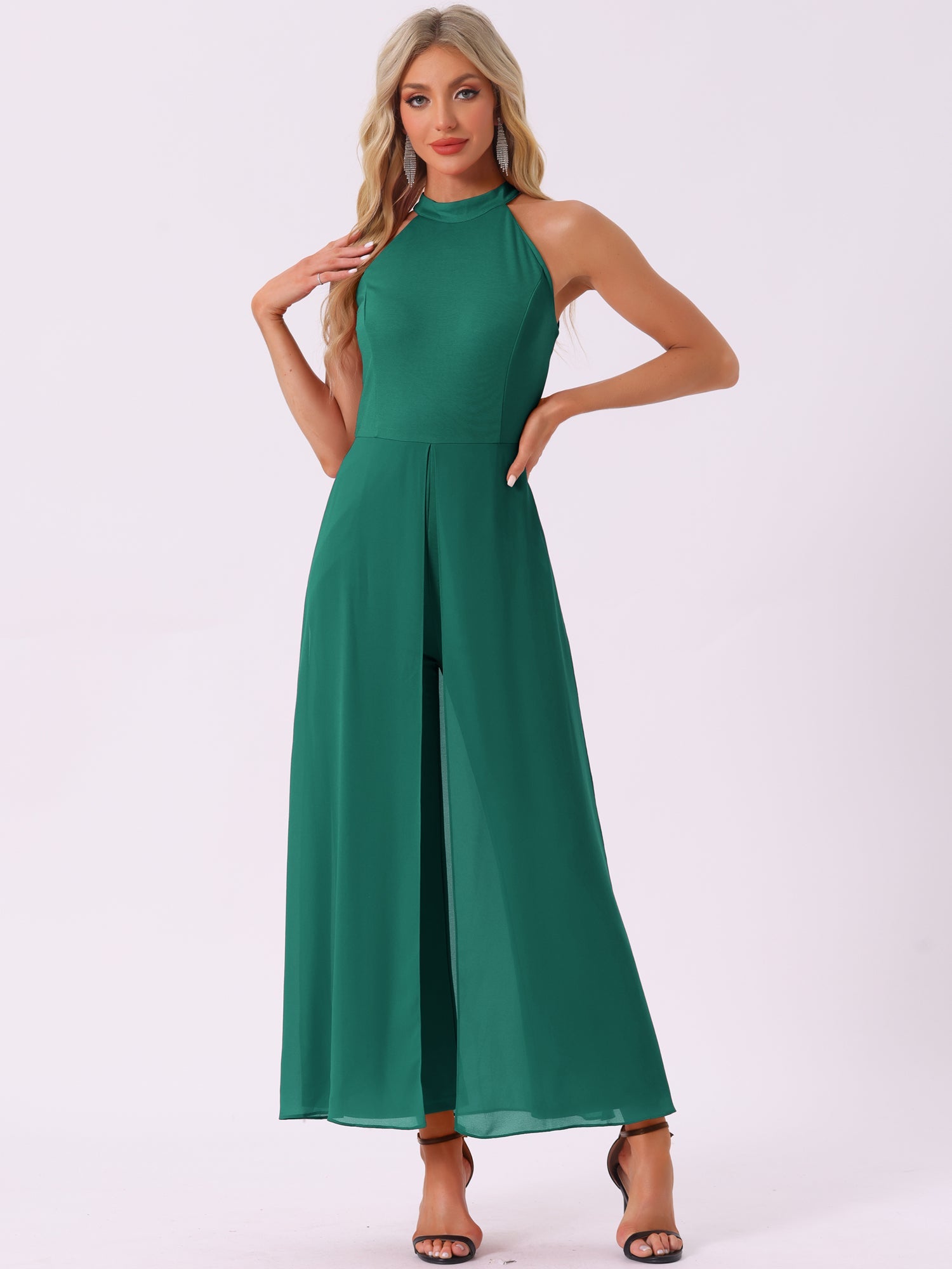 Sleeveless Halter Neck Belted Elegant Wedding Cocktail Dressy Jumpsuits
