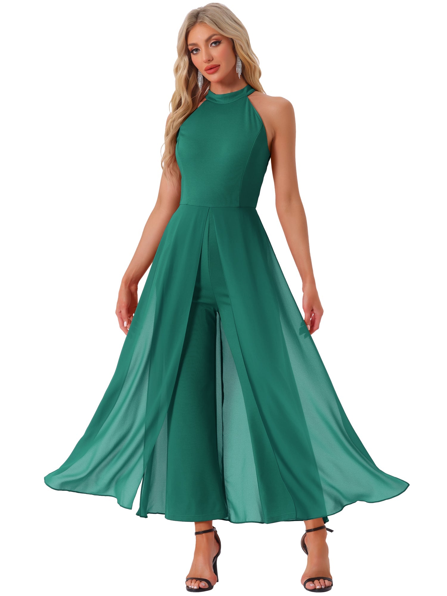 Sleeveless Halter Neck Belted Elegant Wedding Cocktail Dressy Jumpsuits