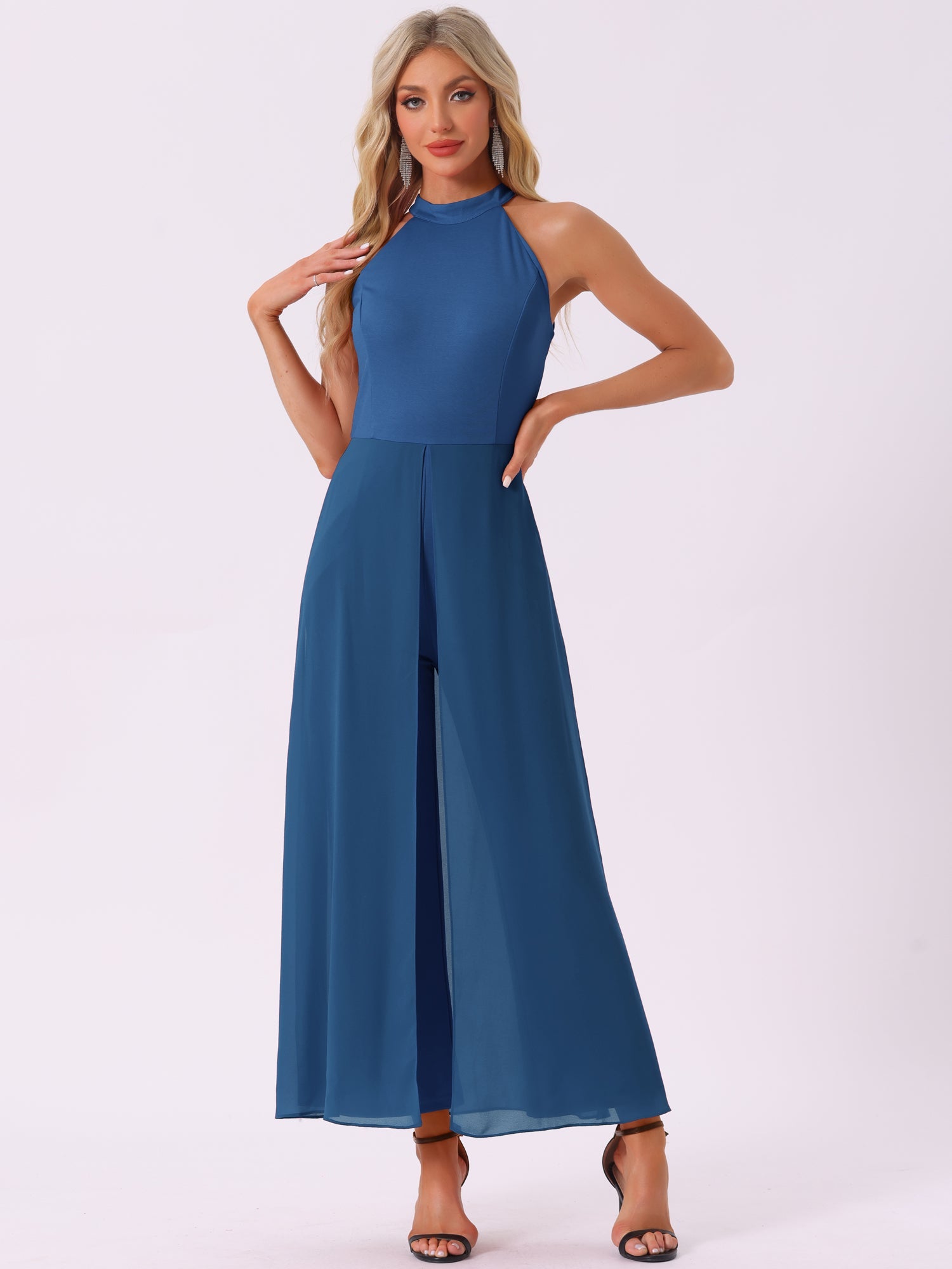 Sleeveless Halter Neck Belted Elegant Wedding Cocktail Dressy Jumpsuits