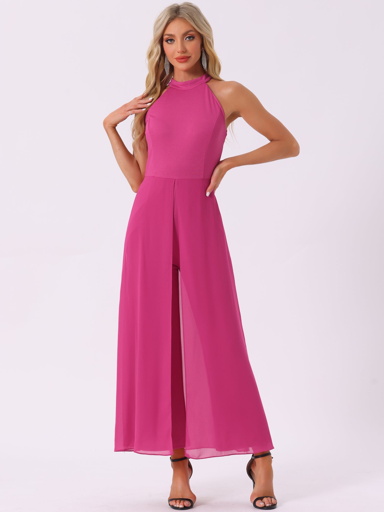 Sleeveless Halter Neck Belted Elegant Wedding Cocktail Dressy Jumpsuits