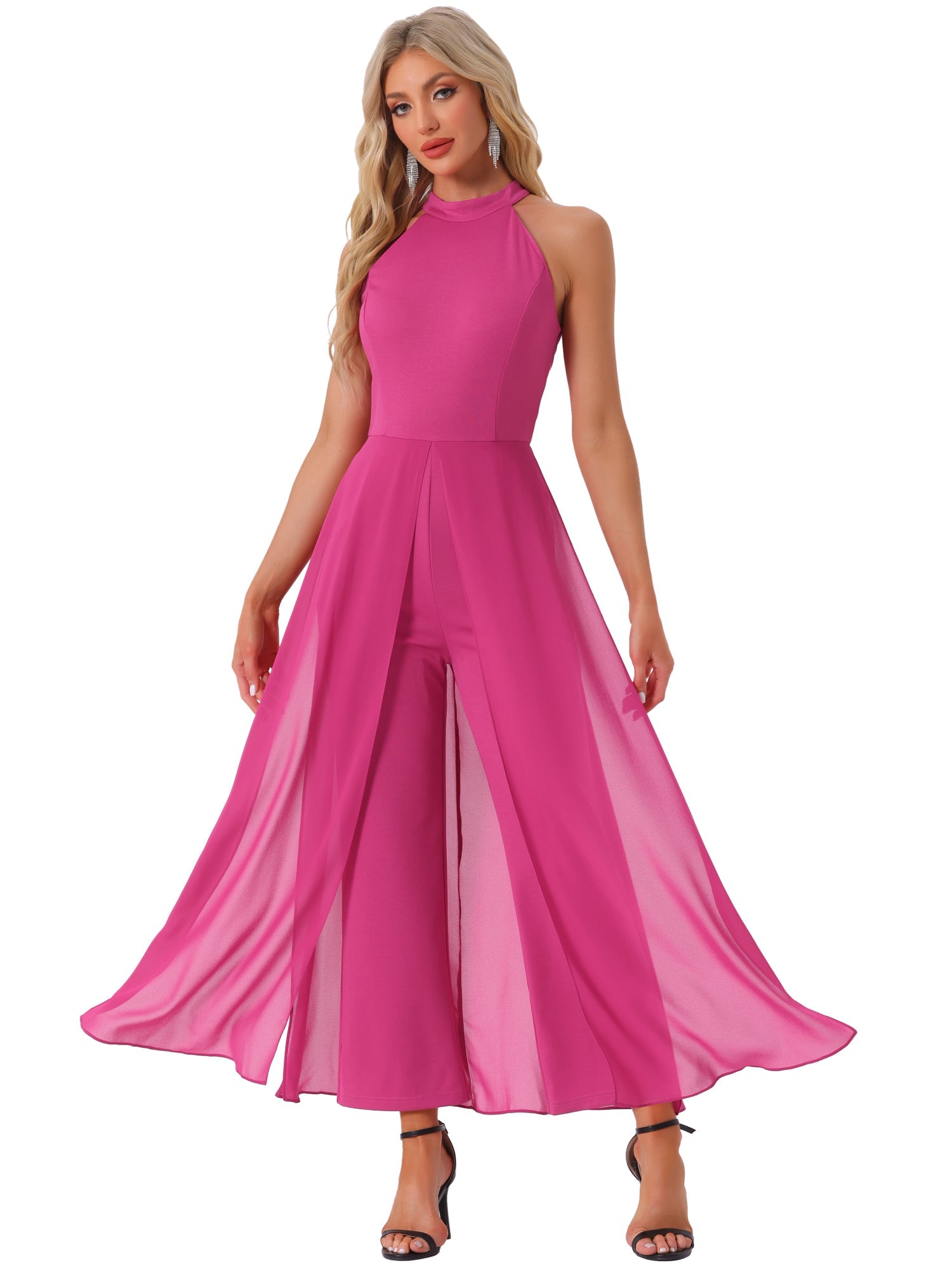 Sleeveless Halter Neck Belted Elegant Wedding Cocktail Dressy Jumpsuits