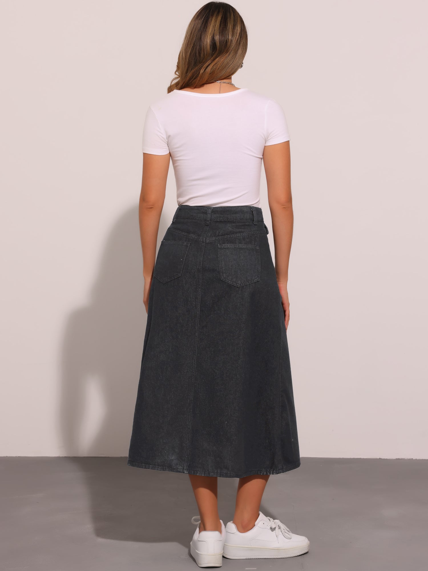 Casual High Waisted Flap Pocket A-Line Long Denim Jean Skirt