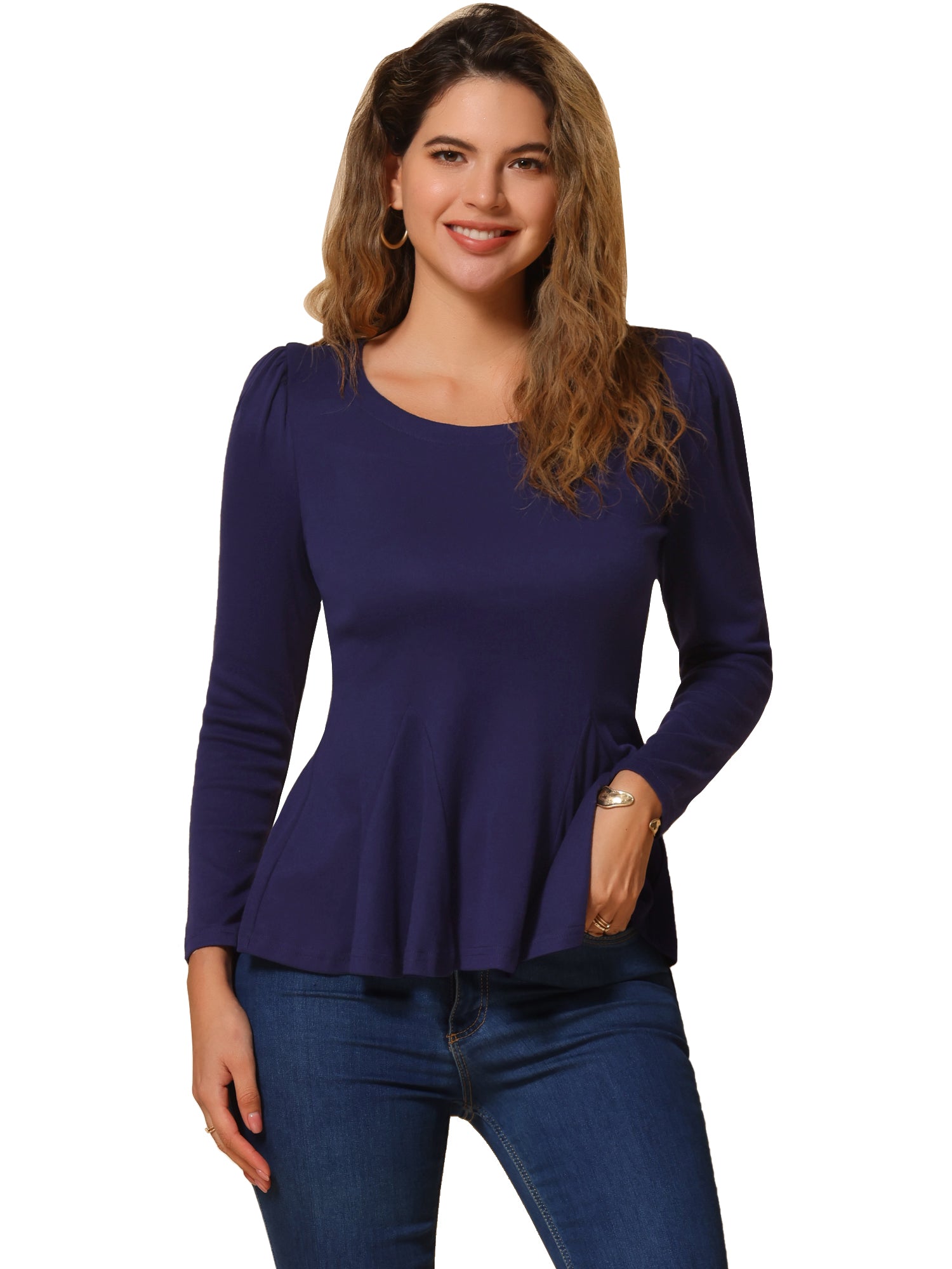 Long Sleeve Scoop Neck Casual Peplum Blouse