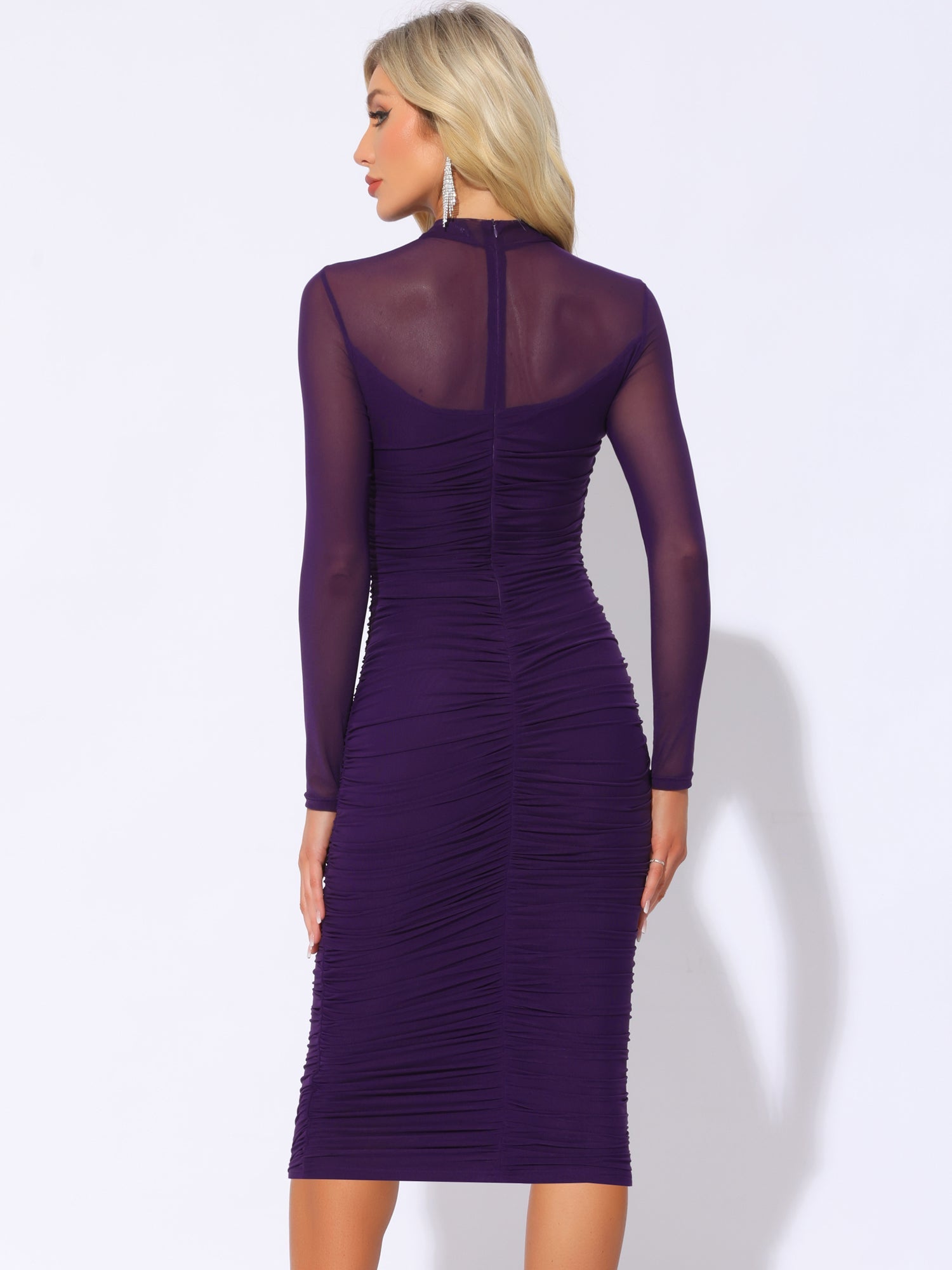 Mesh Sheer Mock Neck Ruch Cocktail Bodycon Midi Dress