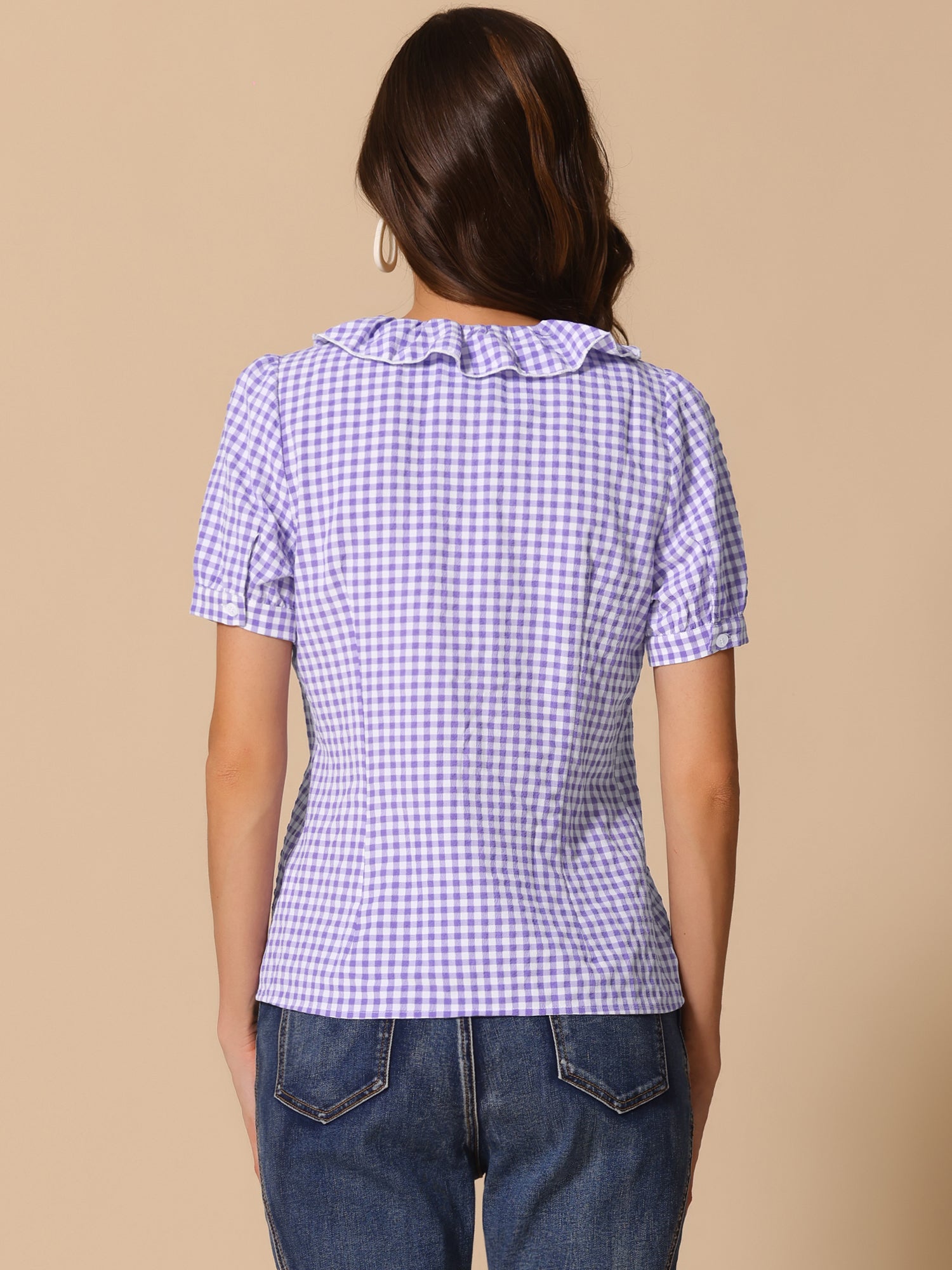 Plaid Blouse Puff Sleeve Ruffle Peter Pan Collar Shirt Top