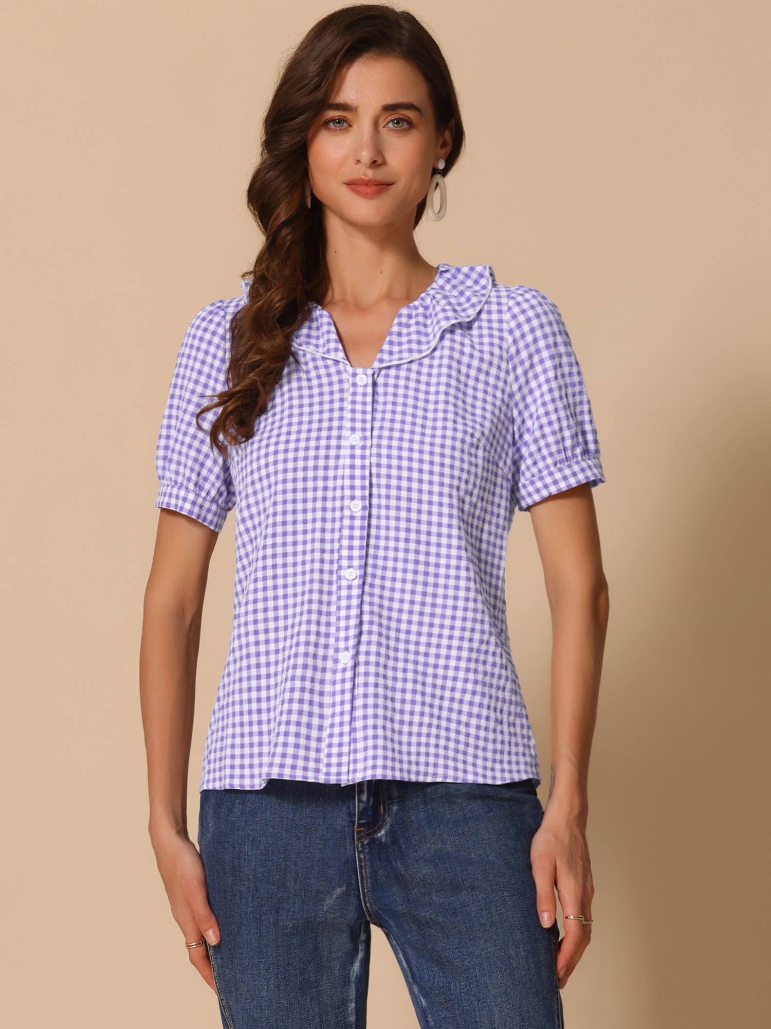 Plaid Blouse Puff Sleeve Ruffle Peter Pan Collar Shirt Top