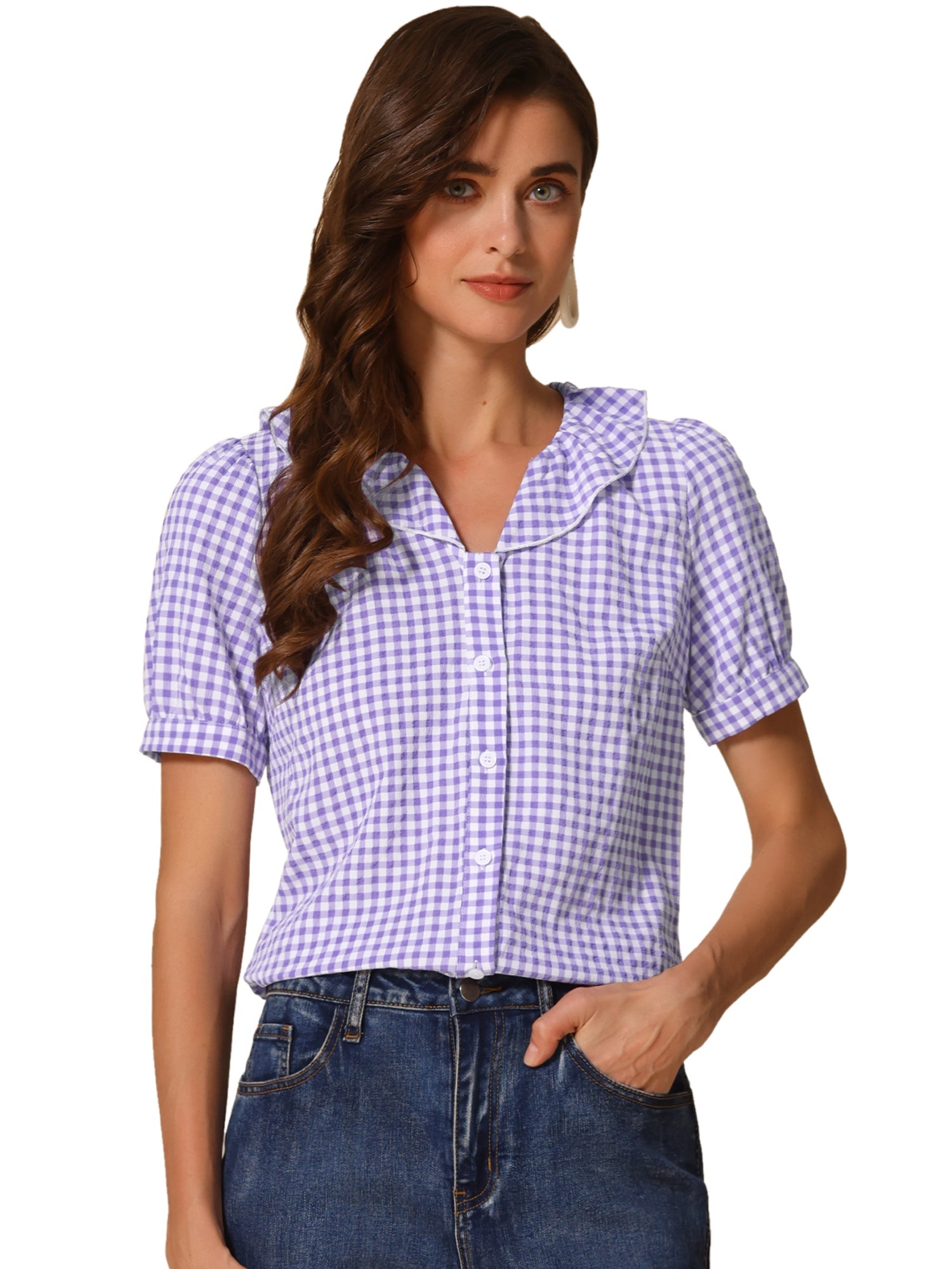 Plaid Blouse Puff Sleeve Ruffle Peter Pan Collar Shirt Top