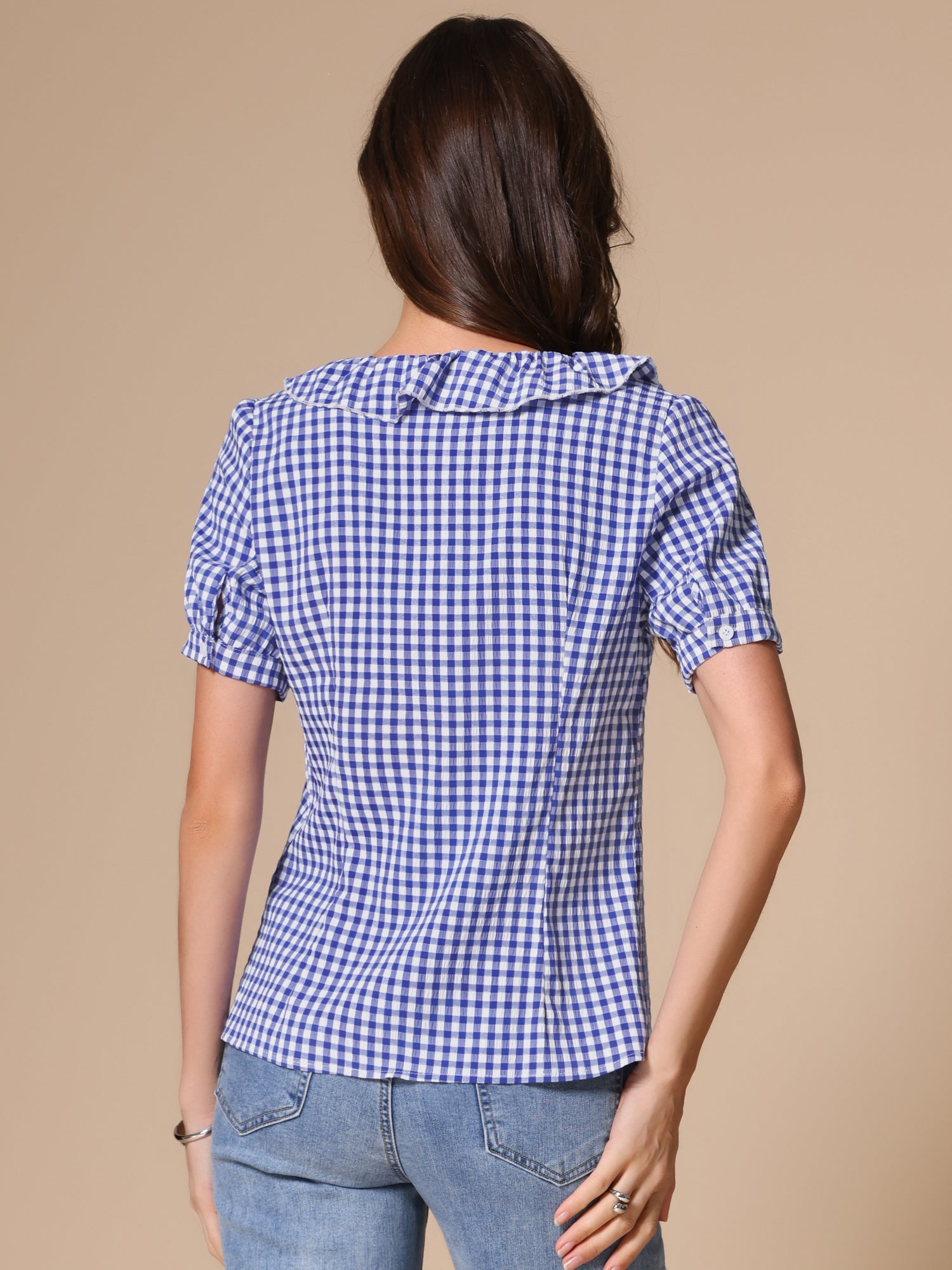 Plaid Blouse Puff Sleeve Ruffle Peter Pan Collar Shirt Top