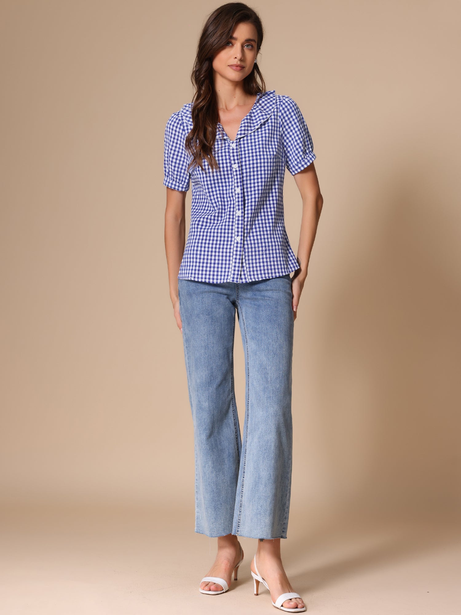 Plaid Blouse Puff Sleeve Ruffle Peter Pan Collar Shirt Top