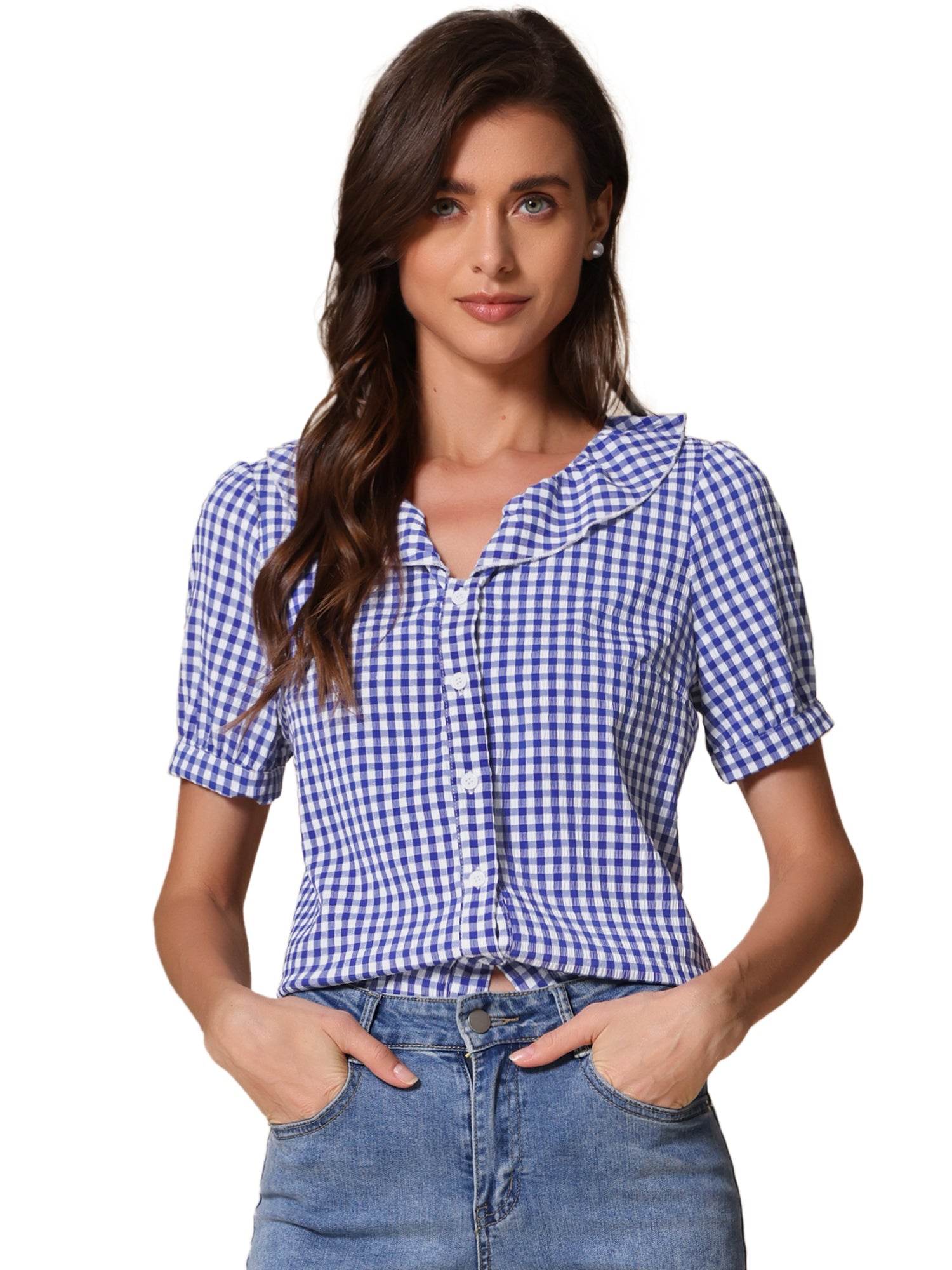 Plaid Blouse Puff Sleeve Ruffle Peter Pan Collar Shirt Top
