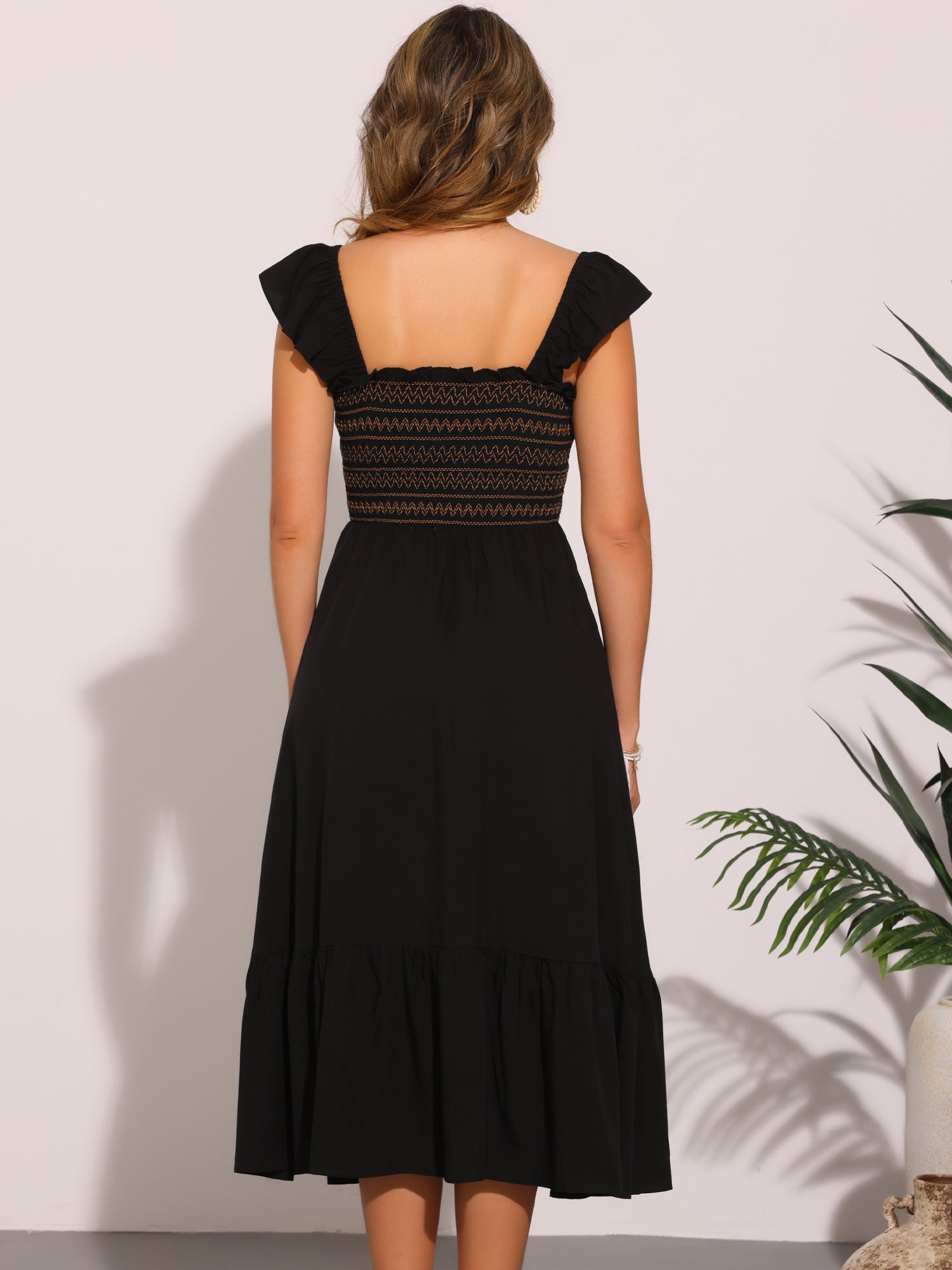 Boho Square Neck Ruffle Tiered Flowy Smocked Midi Dress Sundress
