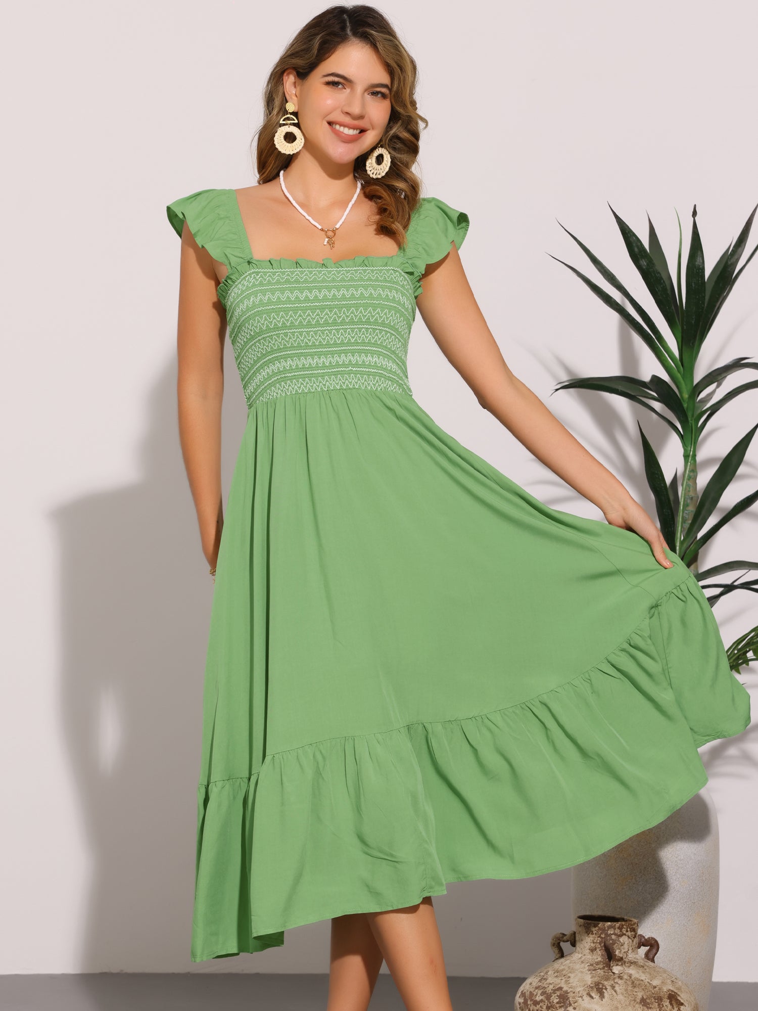 Boho Square Neck Ruffle Tiered Flowy Smocked Midi Dress Sundress
